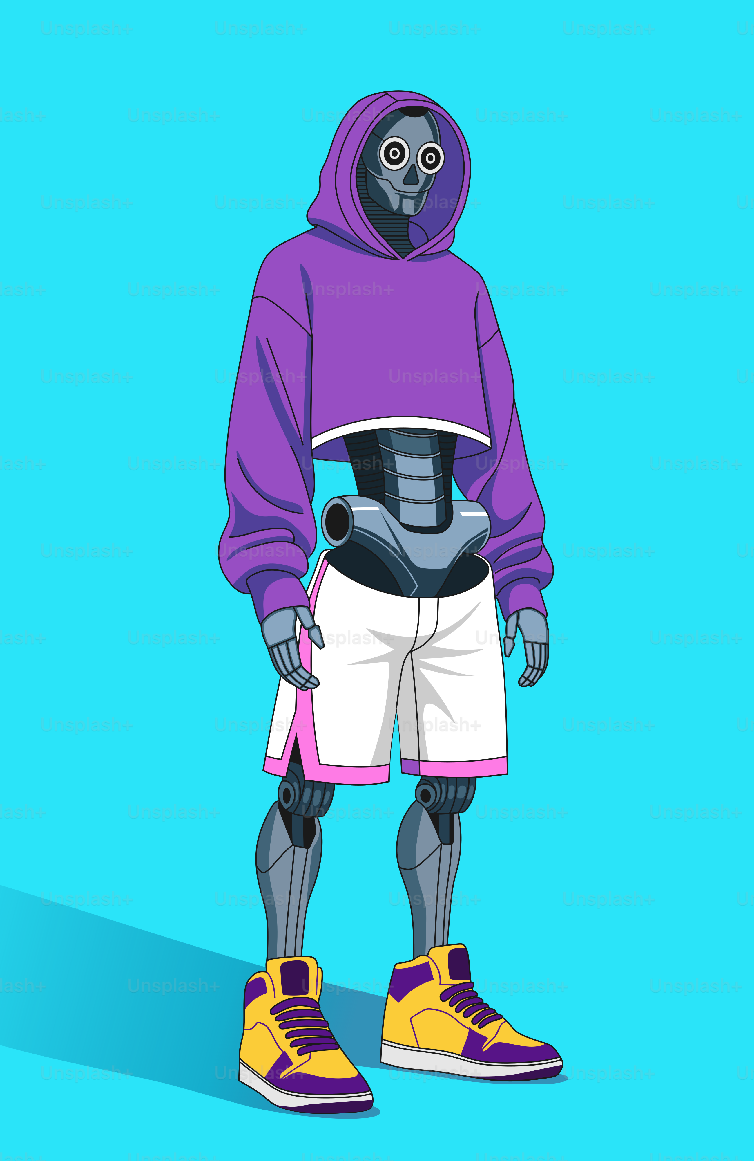A cartoon character wearing a purple hoodie and white shorts