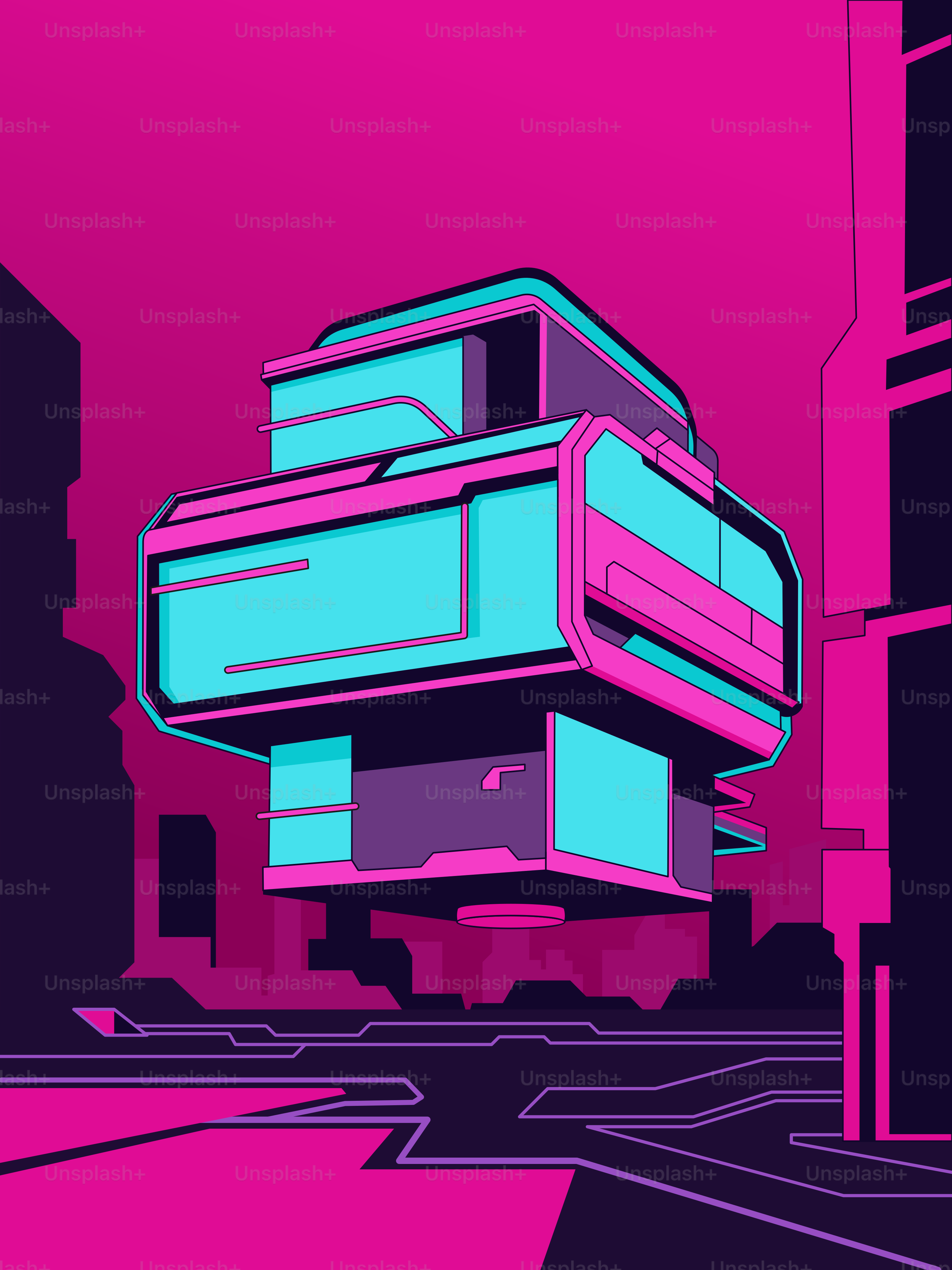 Une illustration rose et bleue d’un bâtiment au cœur d’une ville
