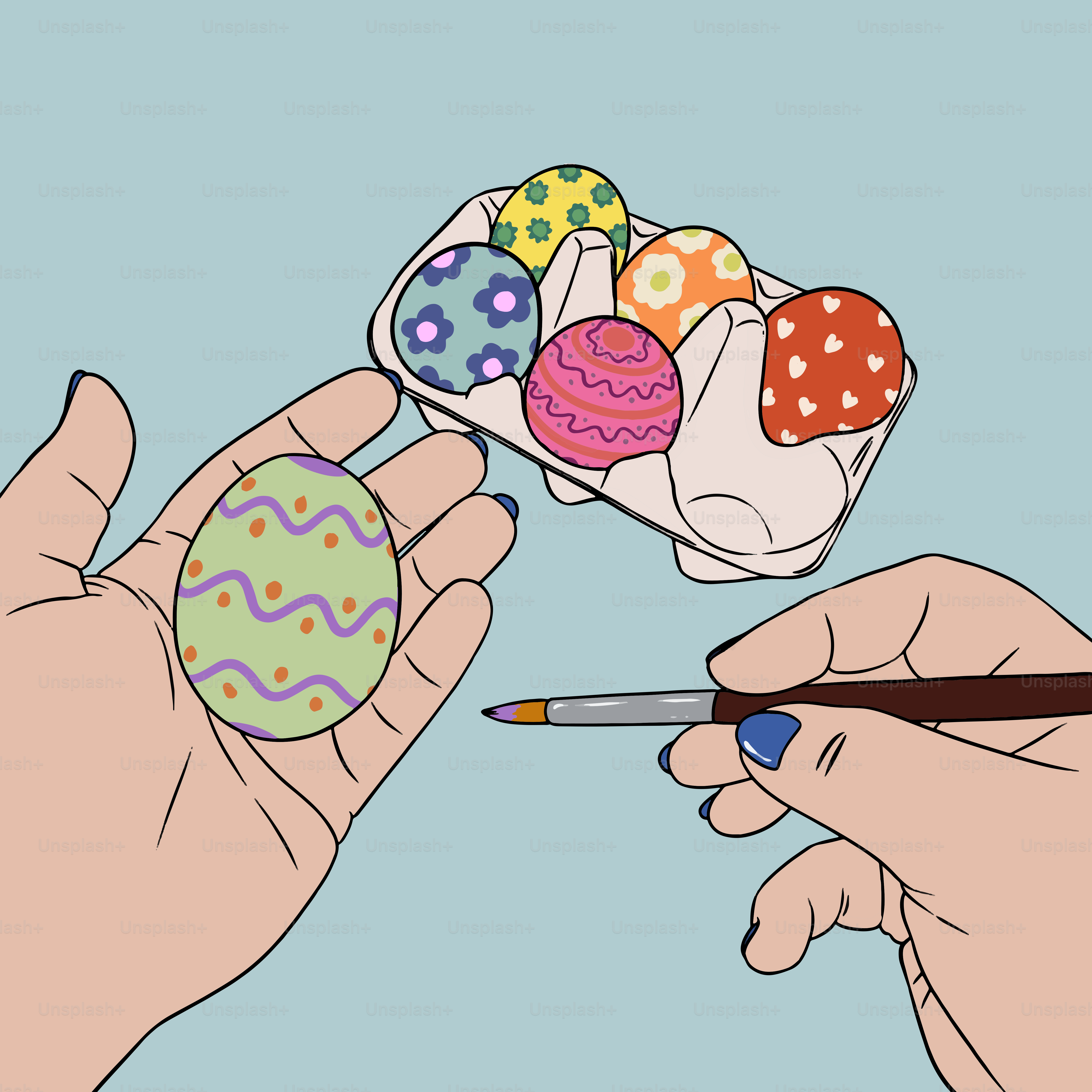 A pair of hands holding a pair of scissors and a container of decorated eggs