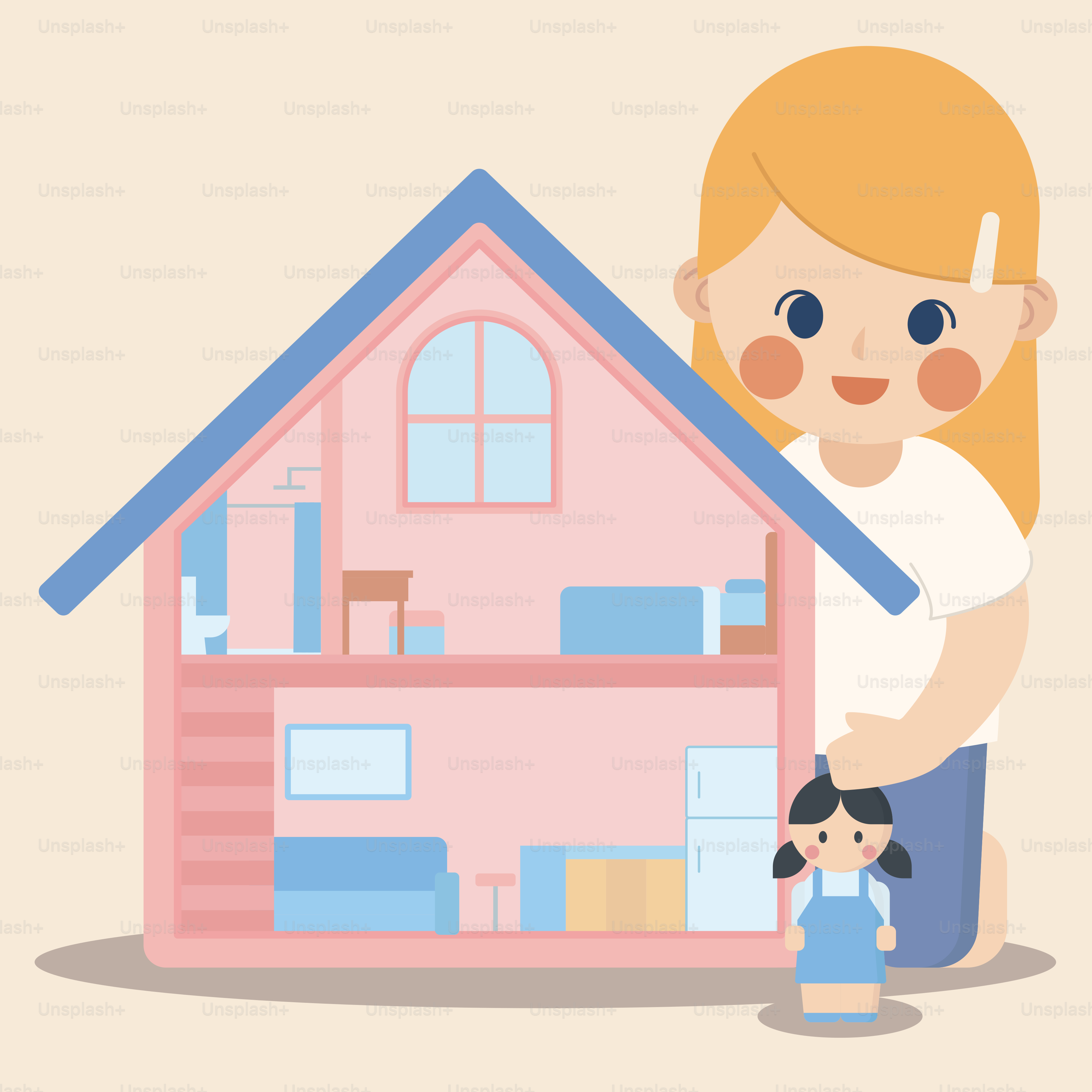 A woman and a child standing in front of a house