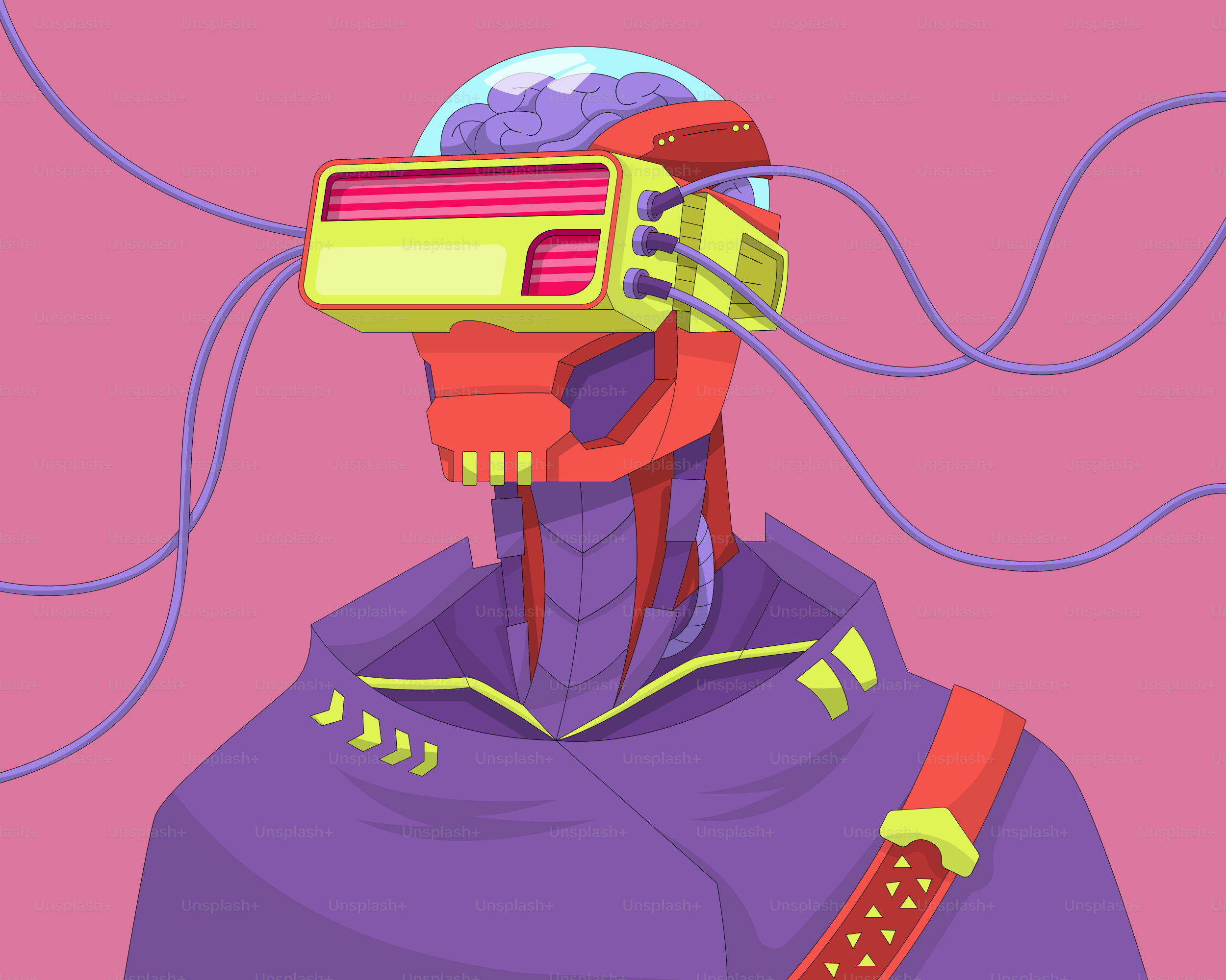 A man wearing a purple shirt with a yellow and red device on his head