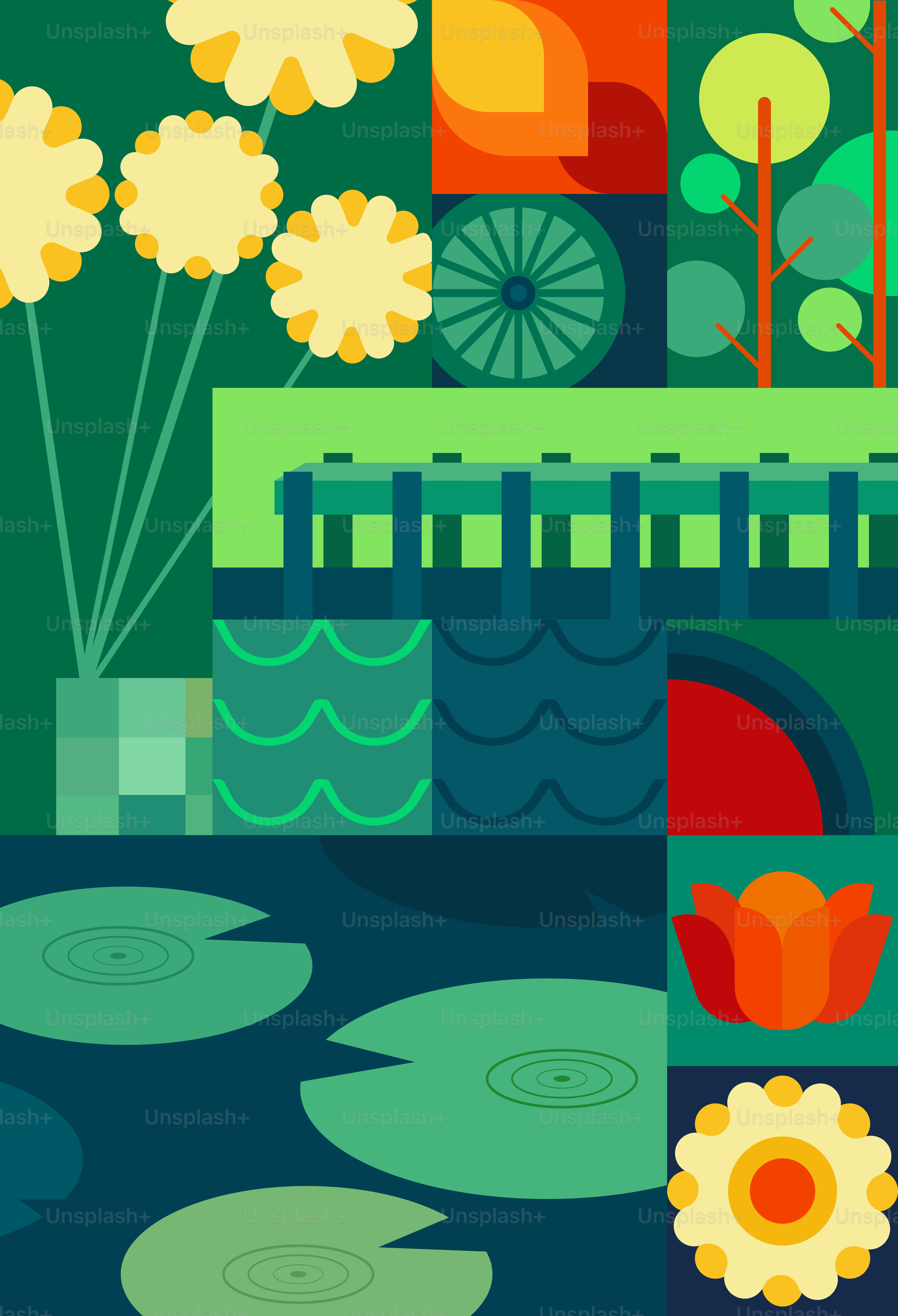 Une peinture de fleurs et un pont au-dessus de l’eau