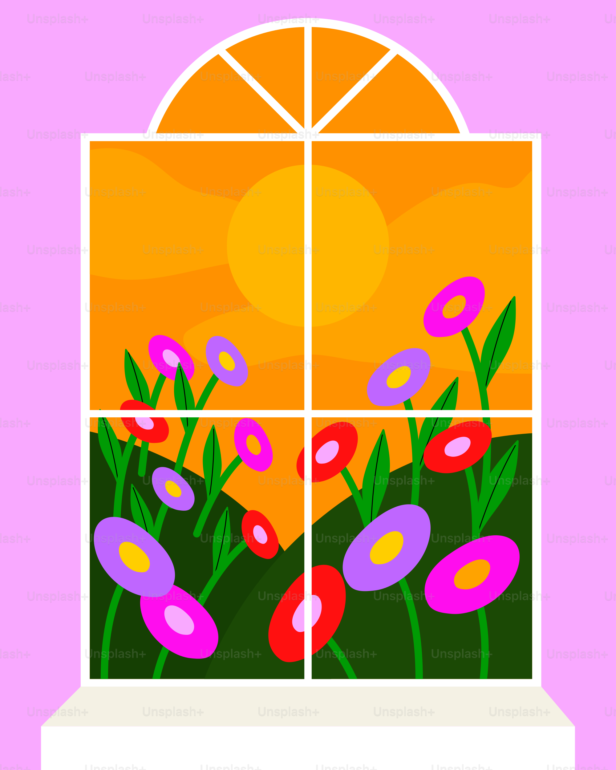 A picture of a window with flowers in it