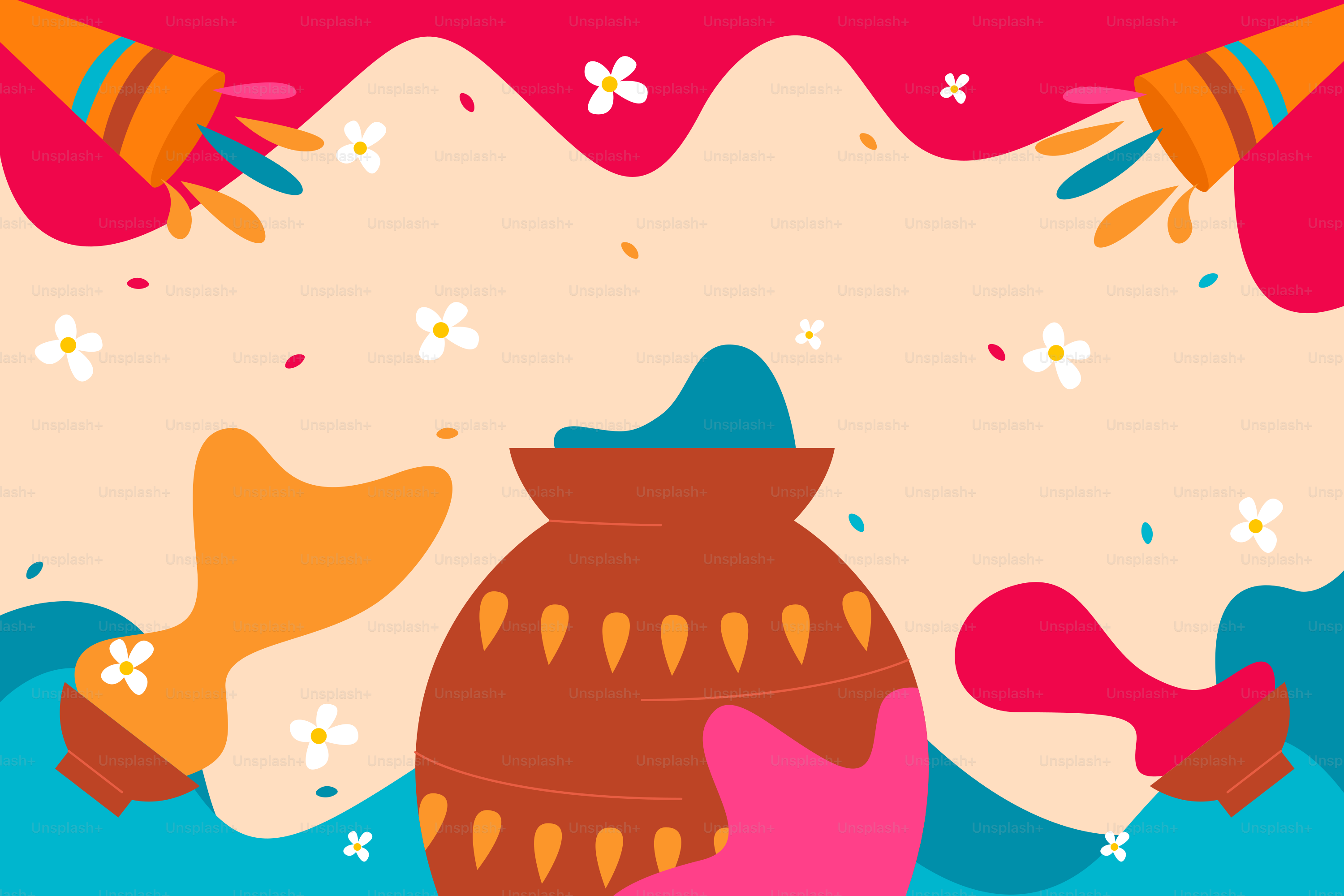 A colorful illustration of a vase on a blue background