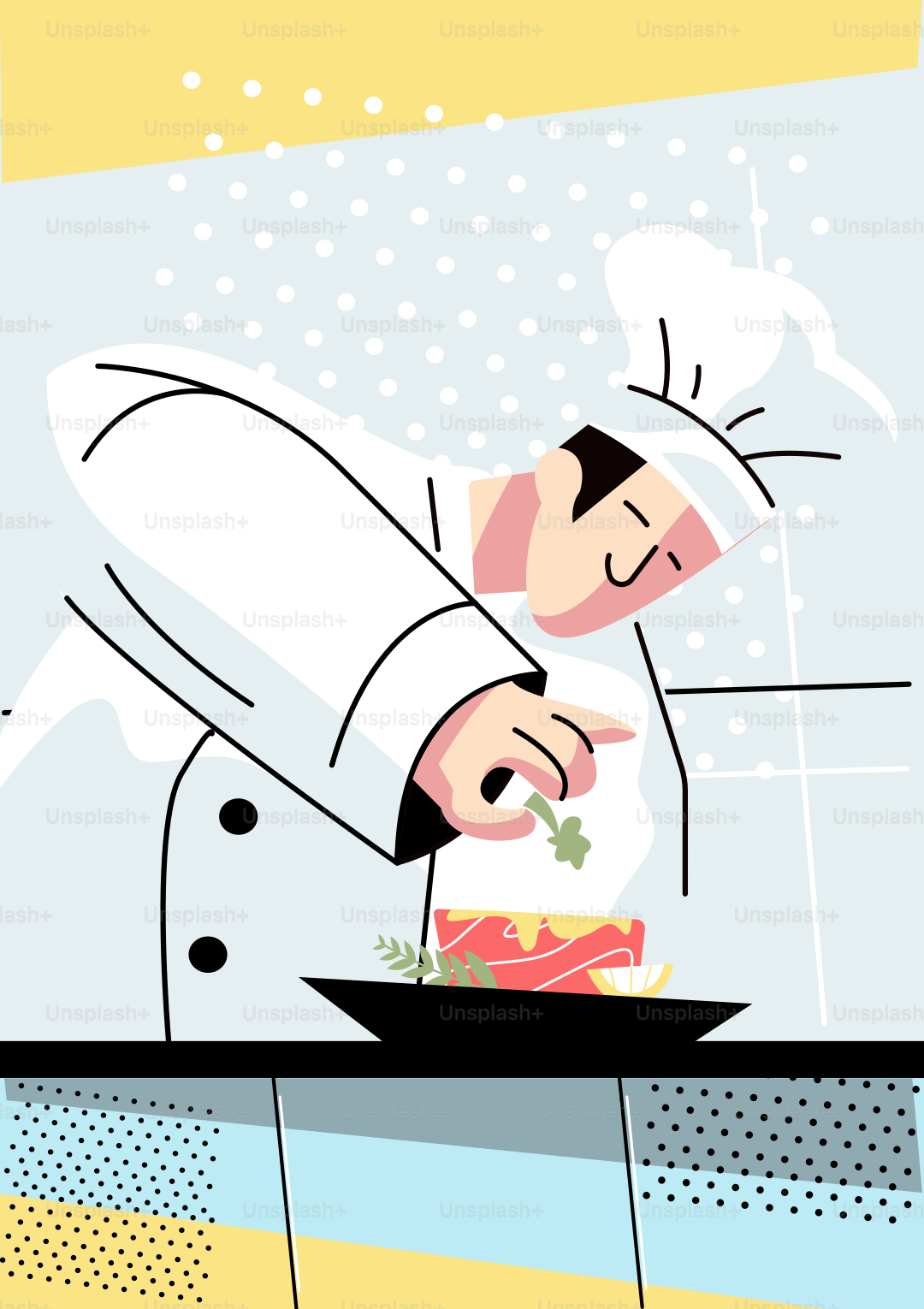 Un hombre con uniforme de chef está cortando un bocadillo