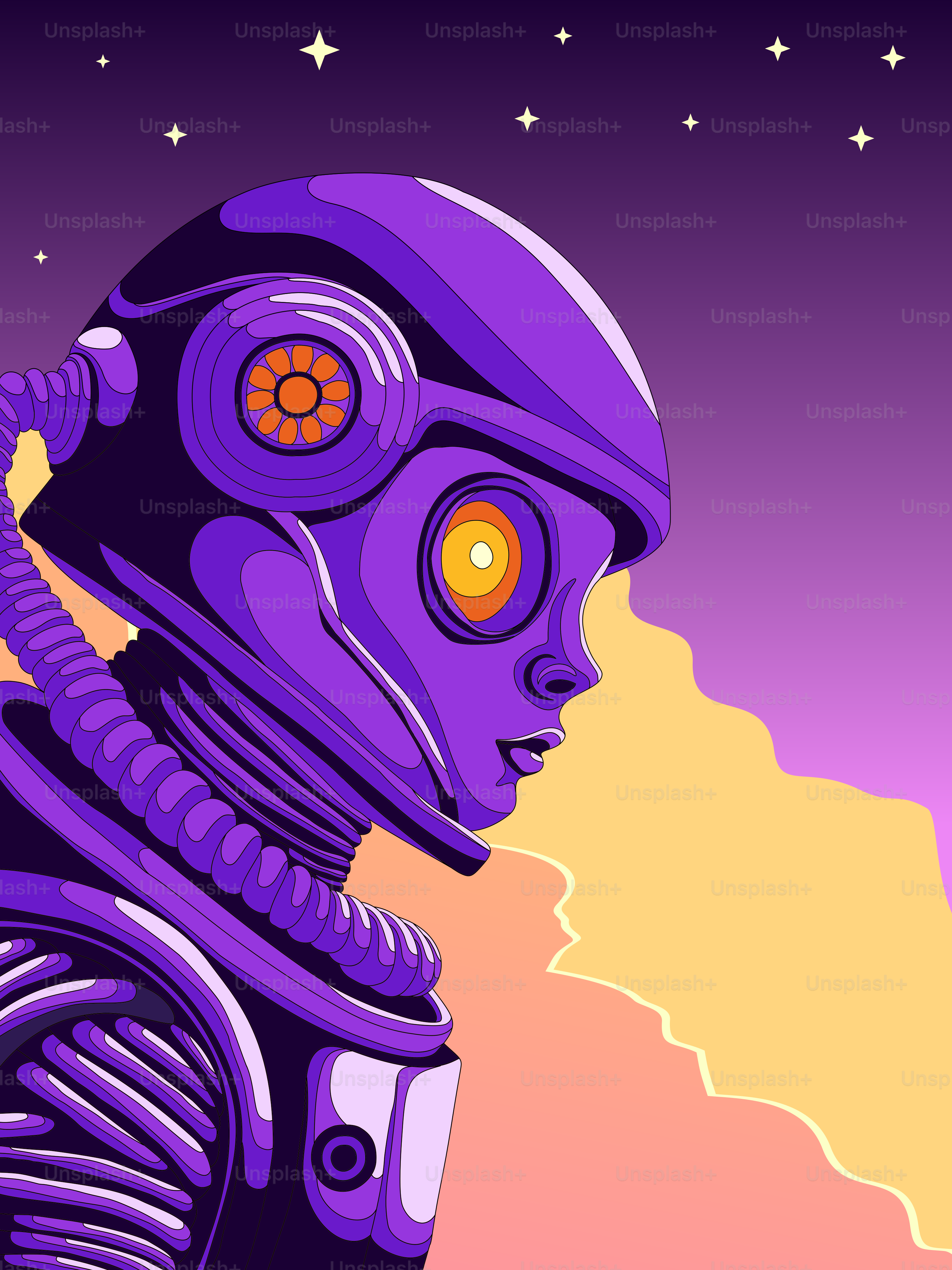 A purple robot standing in front of a purple sky