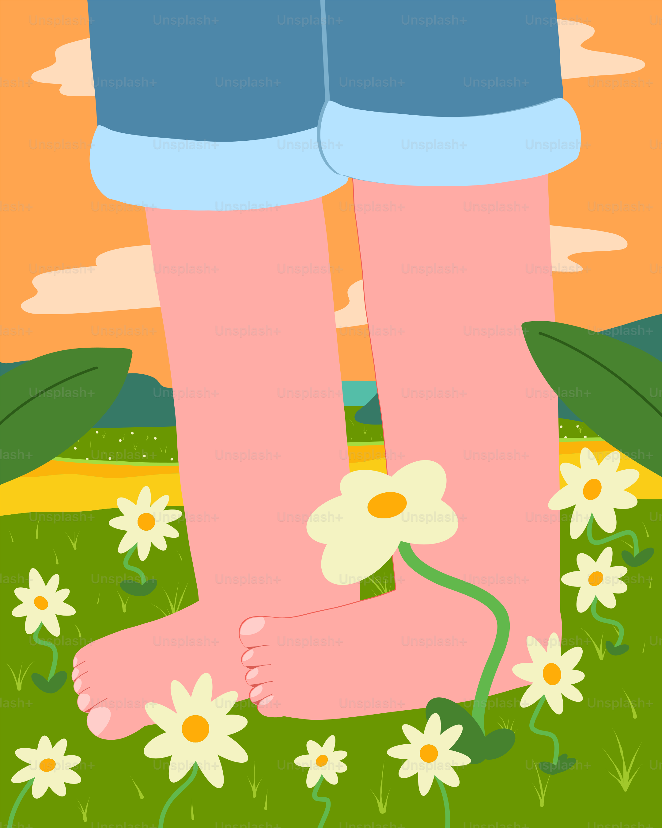 A painting of a person's legs with flowers on them