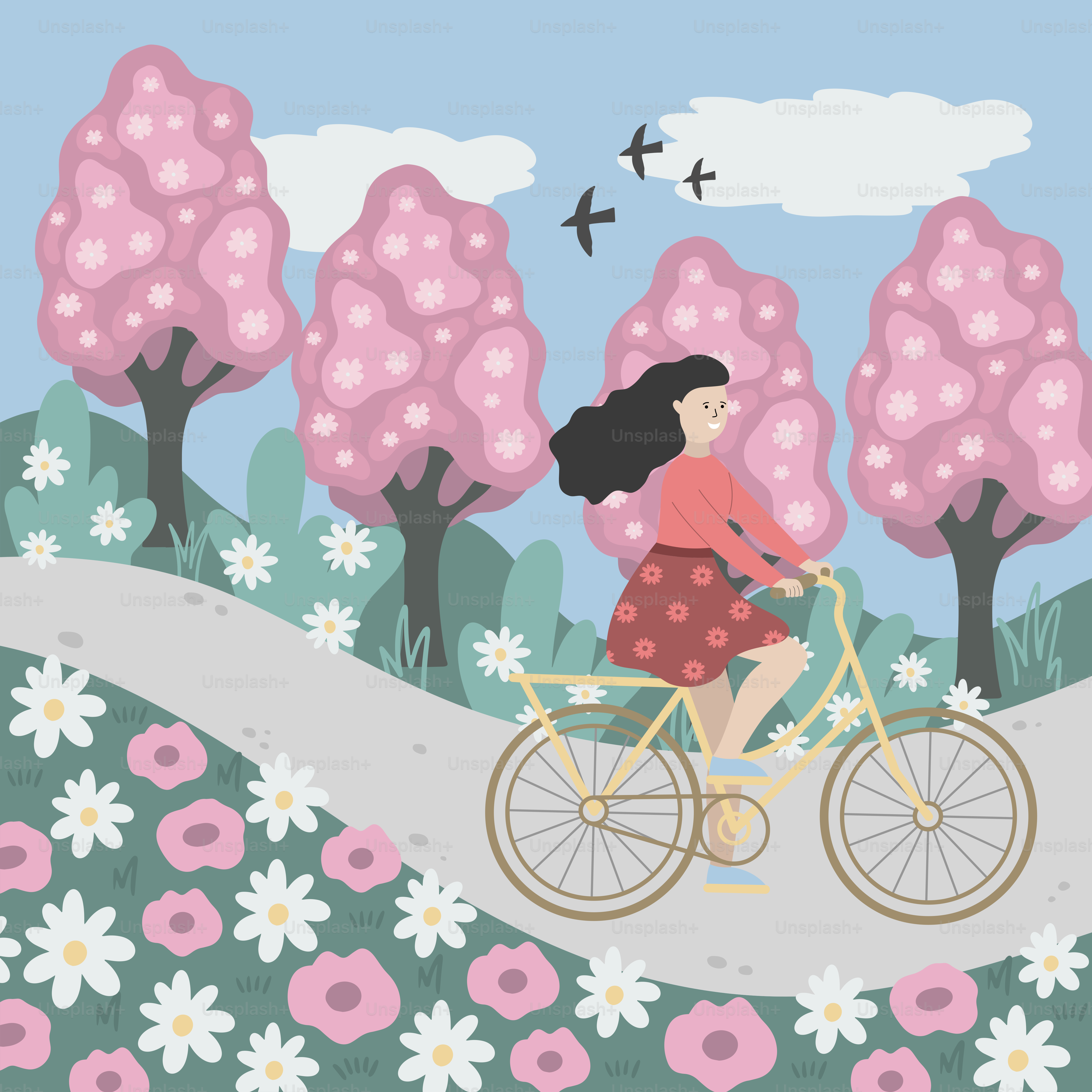 A woman riding a bike down a road