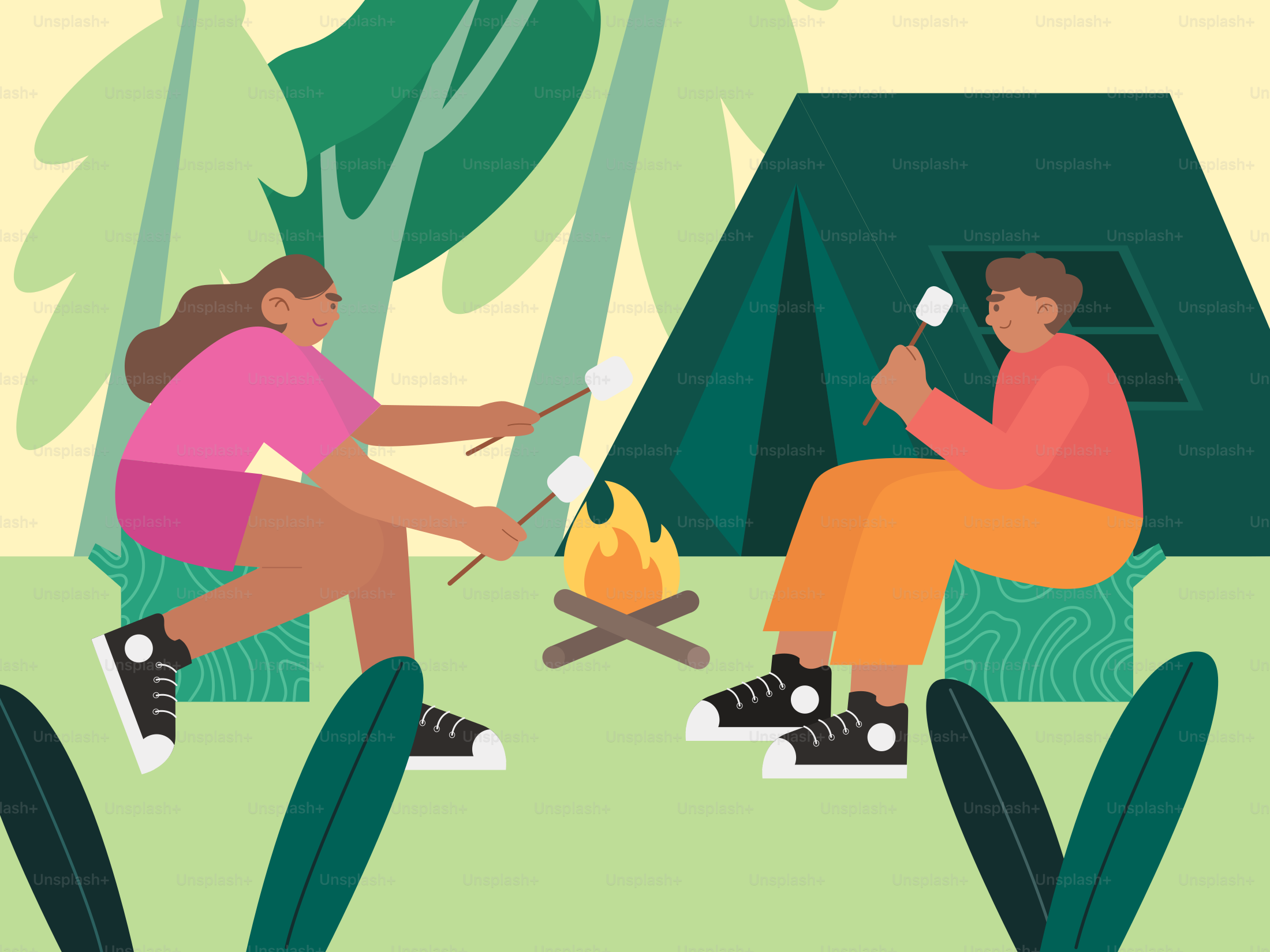 A couple of people sitting around a campfire