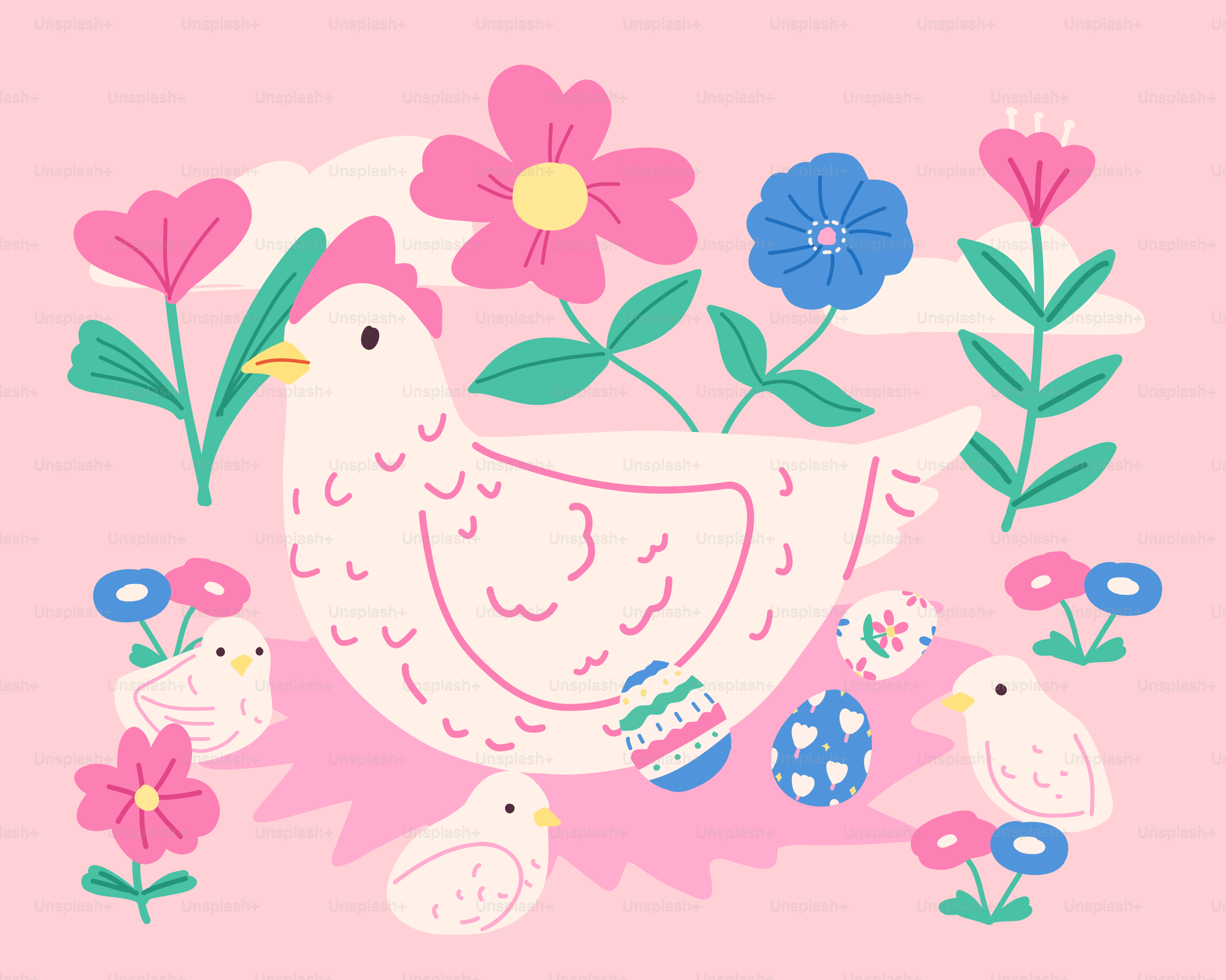 A white bird surrounded by flowers on a pink background