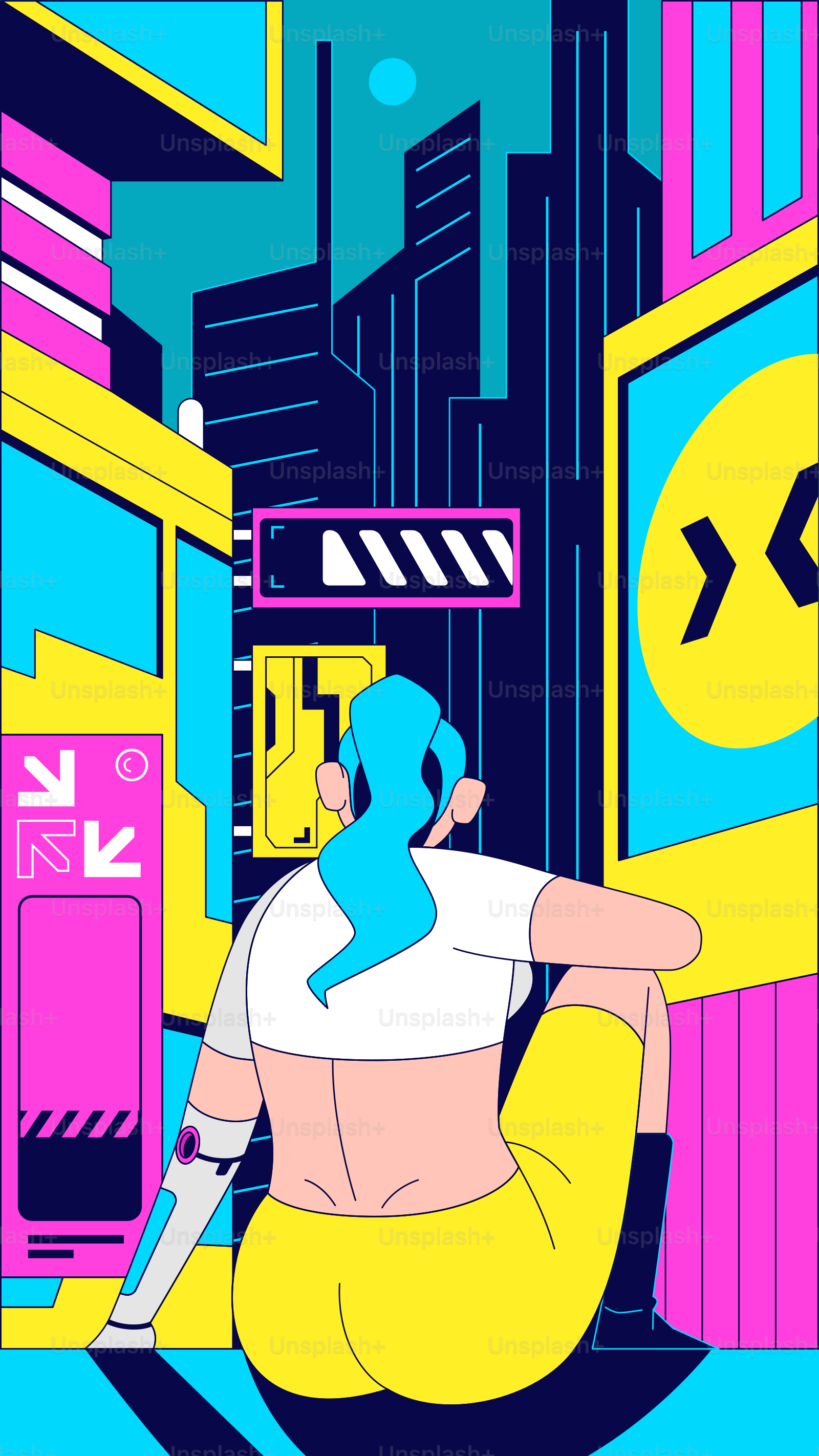 Une femme assise sur une chaise devant une ville