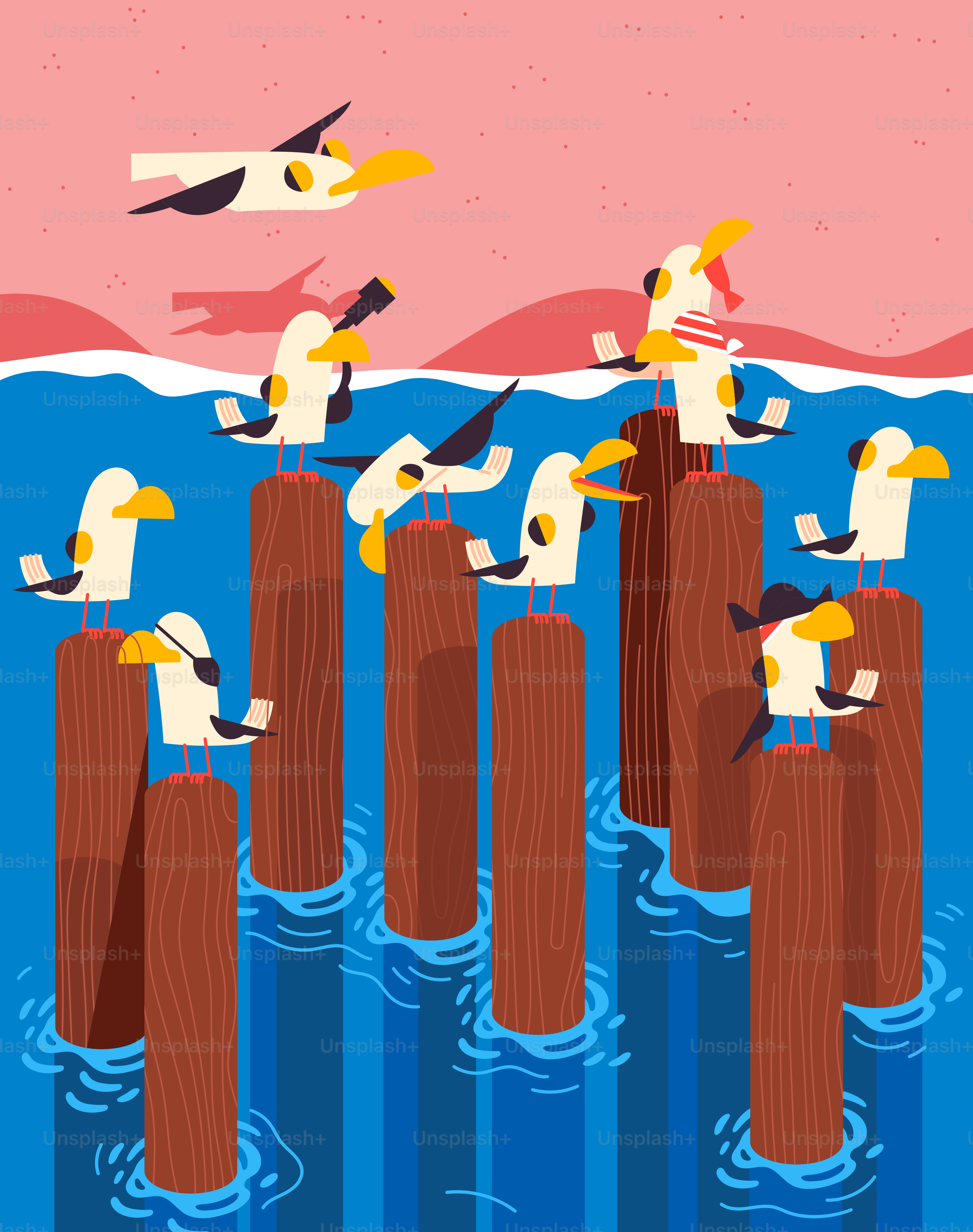 A flock of birds sitting on top of wooden posts in the water