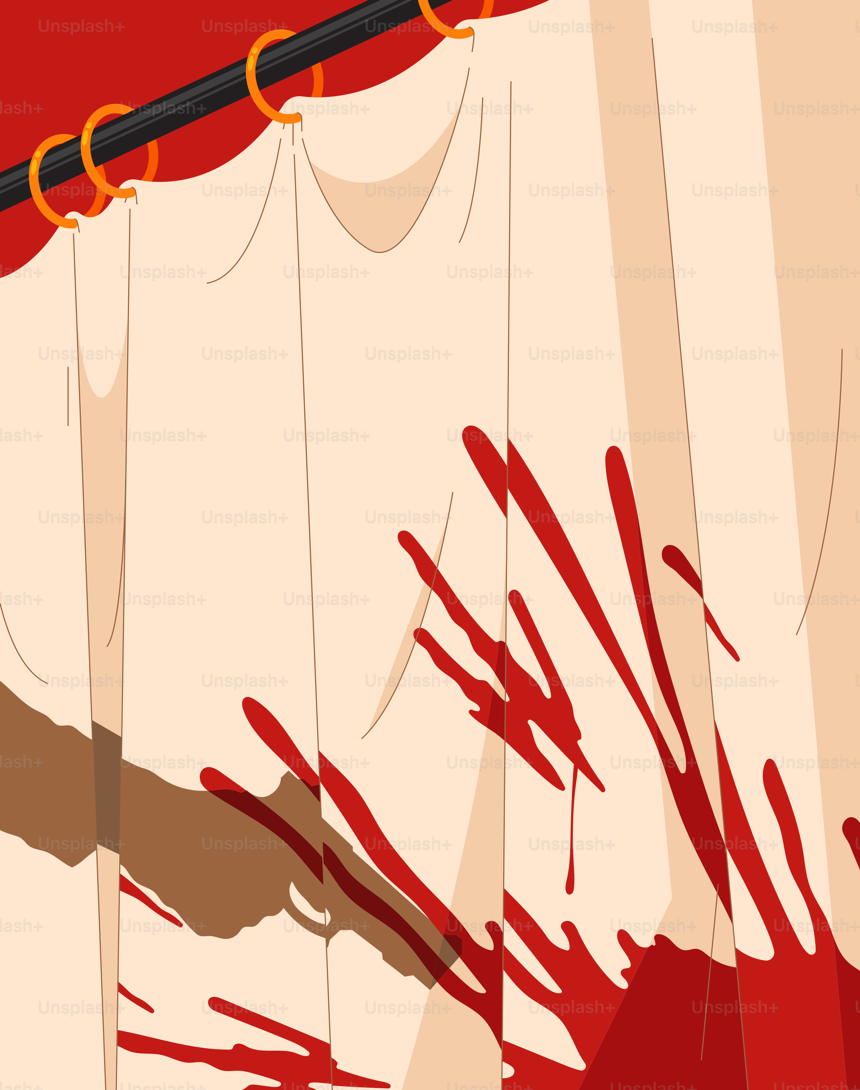 A bloody curtain with a knife sticking out of it