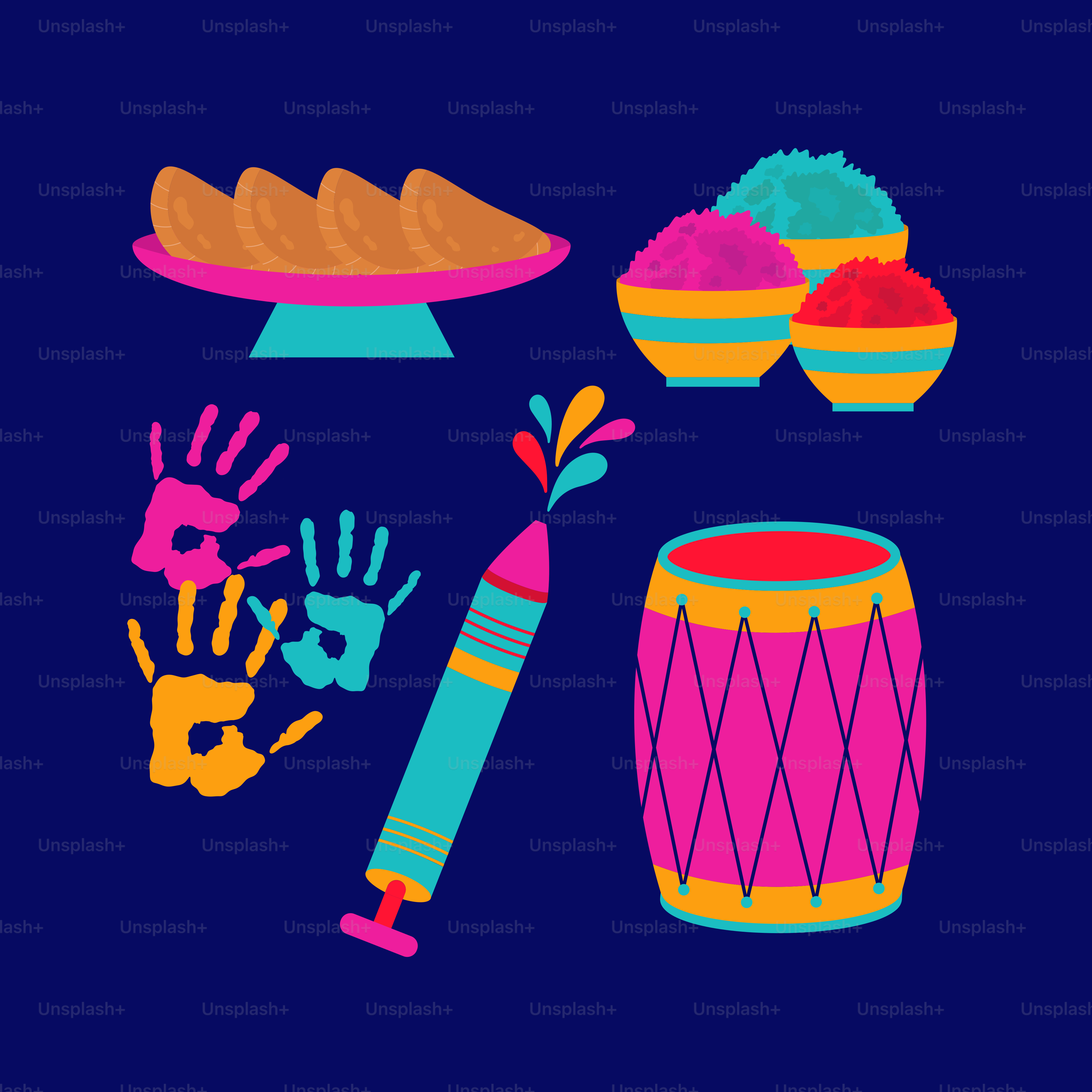 A blue background with a variety of colorful objects