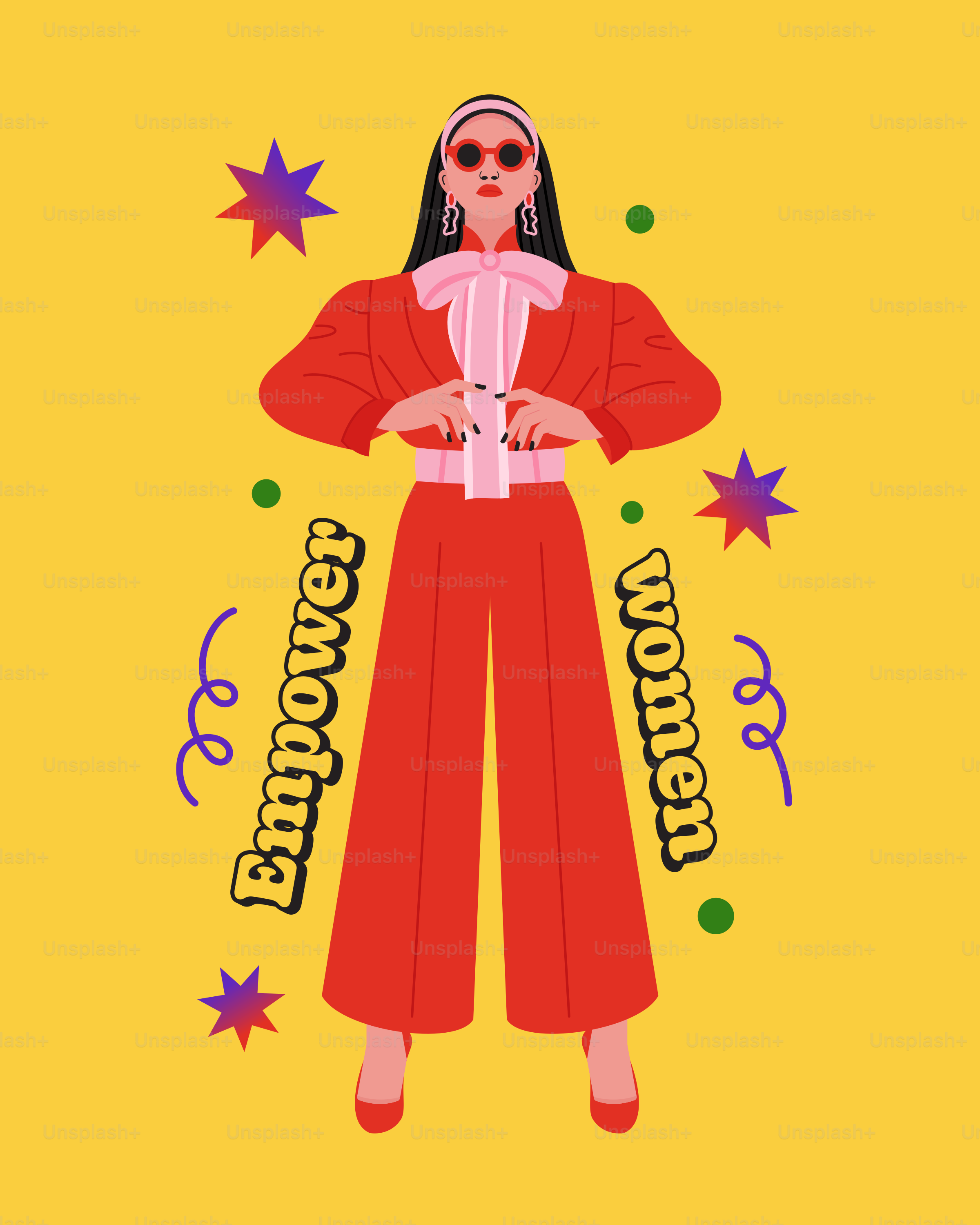 Una donna in tuta rossa con le mani sui fianchi