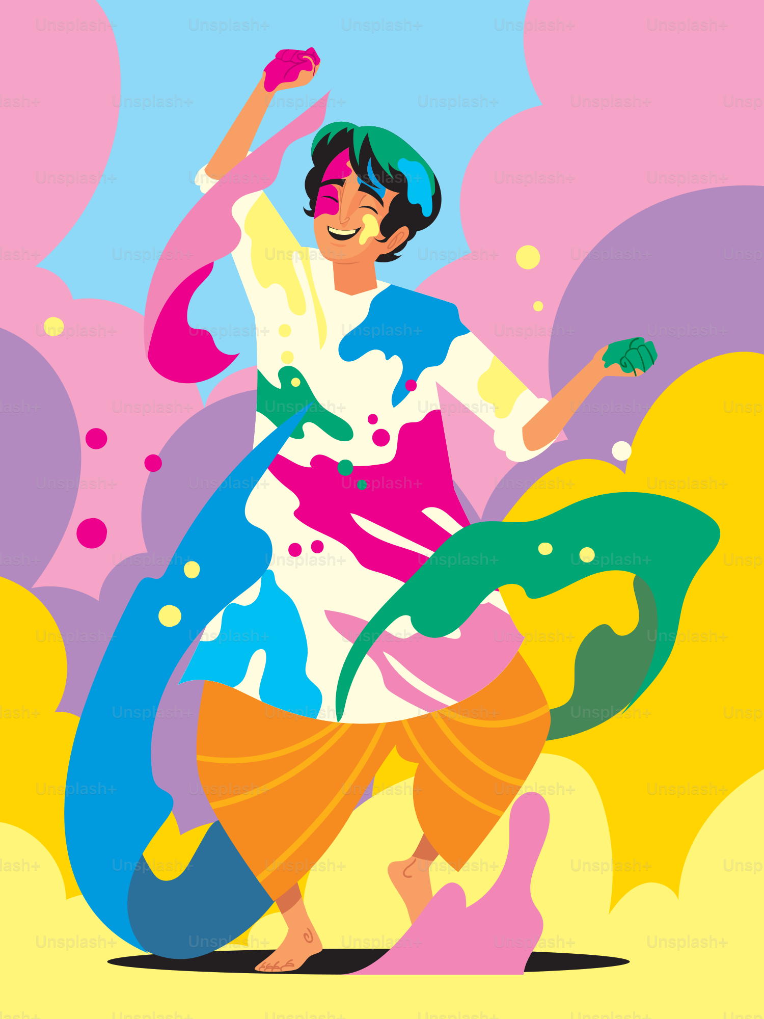A woman in a colorful dress dancing on a colorful background