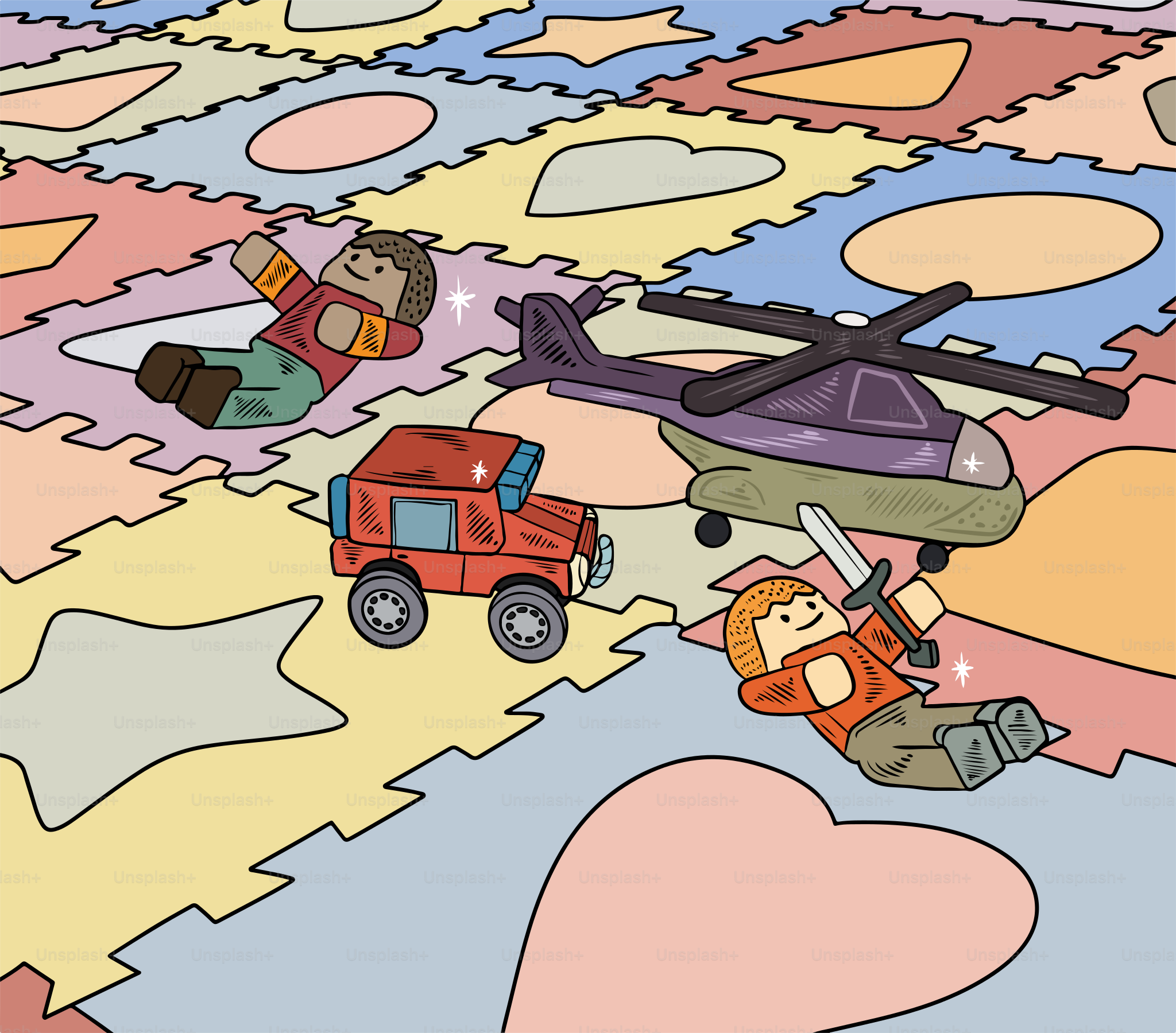 Uma cena de desenho animado de um helicóptero, um carro e um caminhão