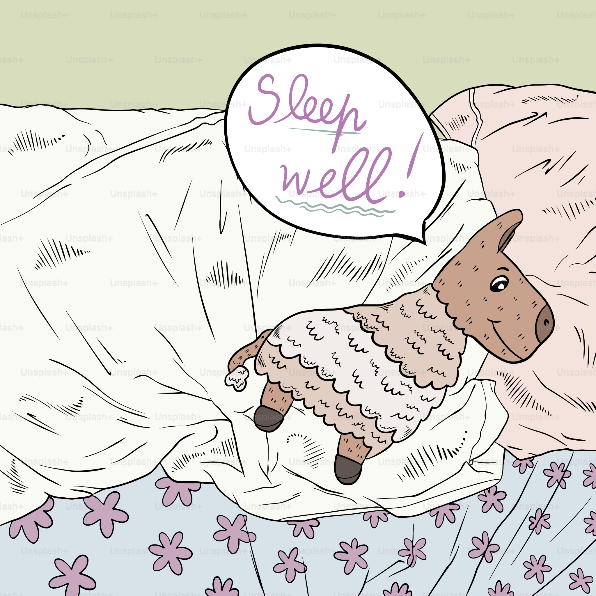Un mouton allongé dans son lit avec une bulle de pensée disant bien dormir