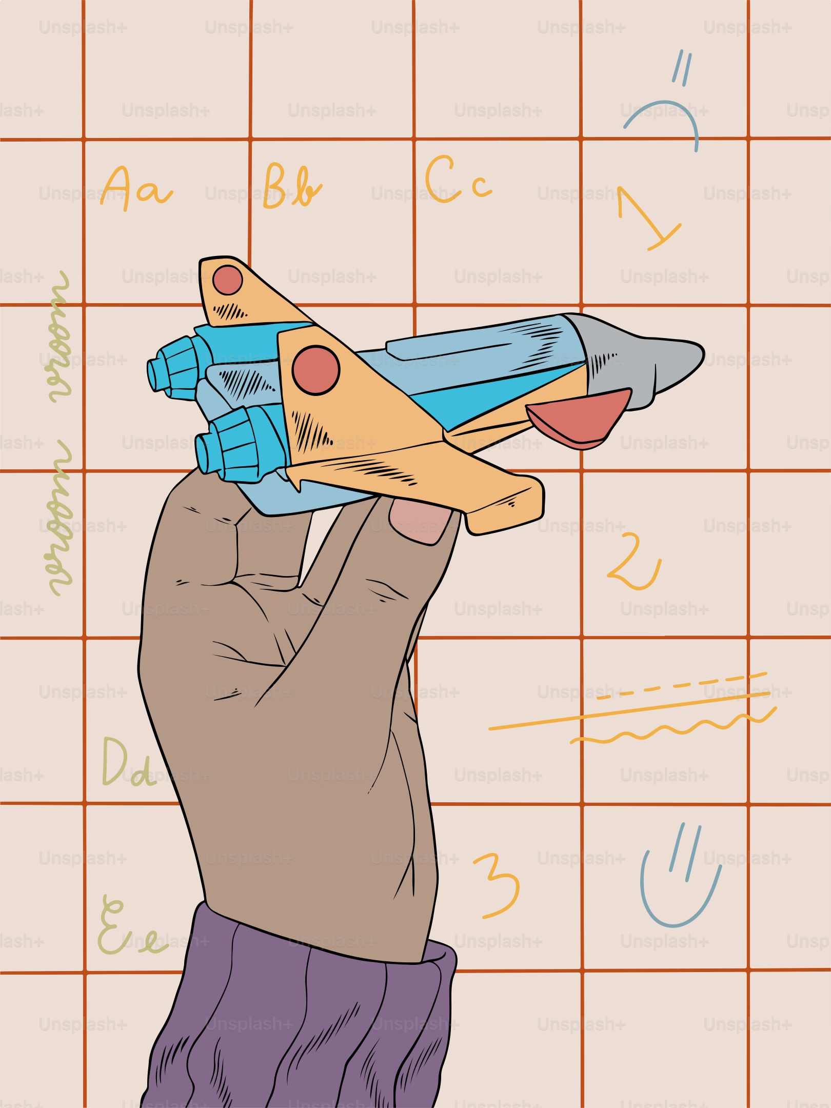A drawing of a hand holding a toy plane