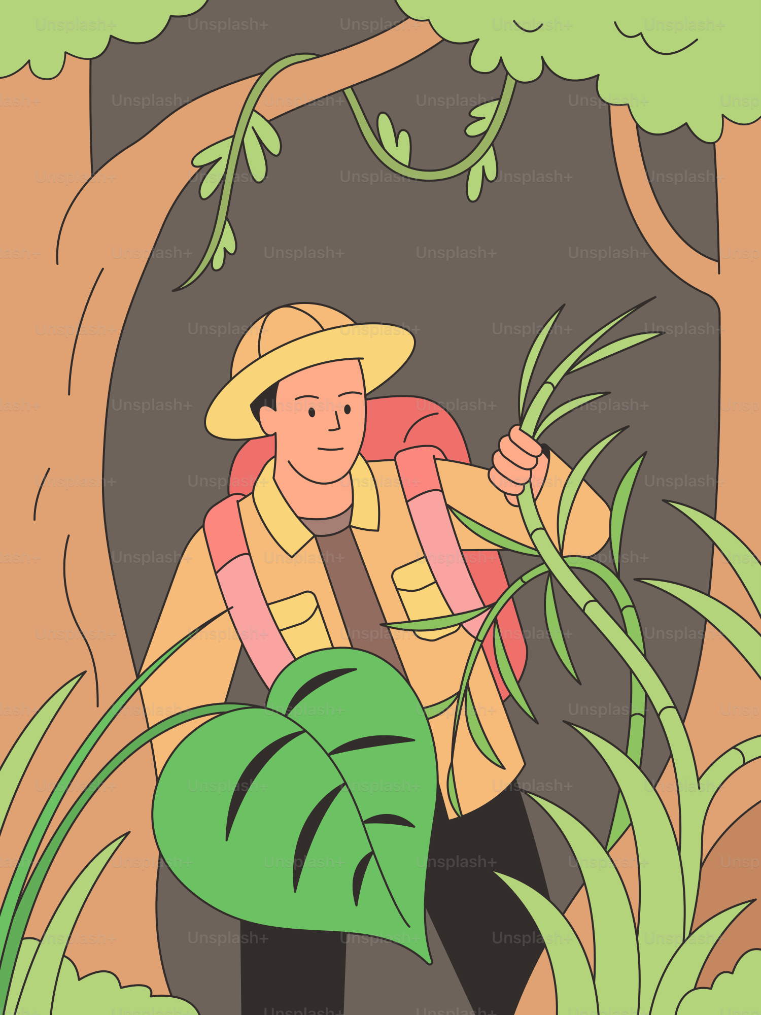 A man with a hat and a backpack walking through a forest