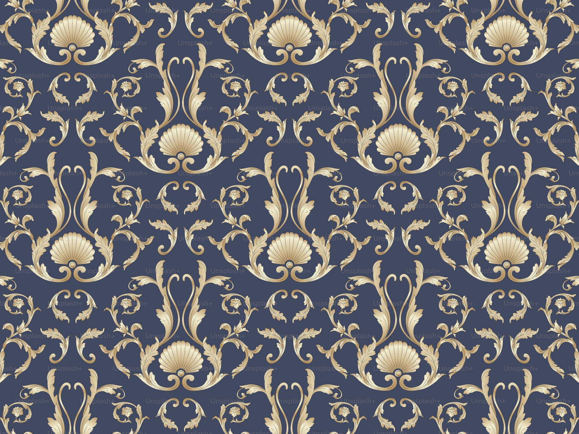 A blue and gold wallpaper with ornate designs