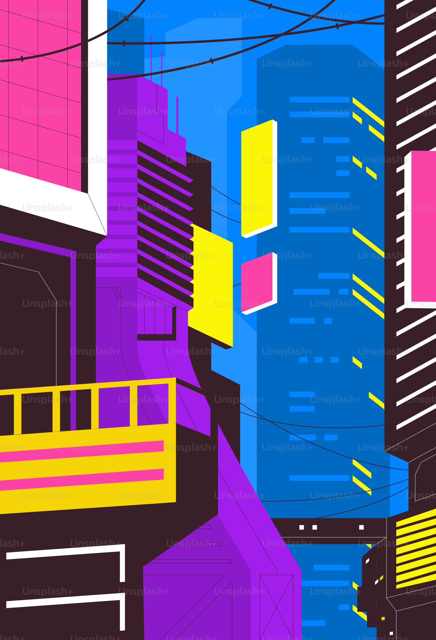 An abstract painting of a city with tall buildings