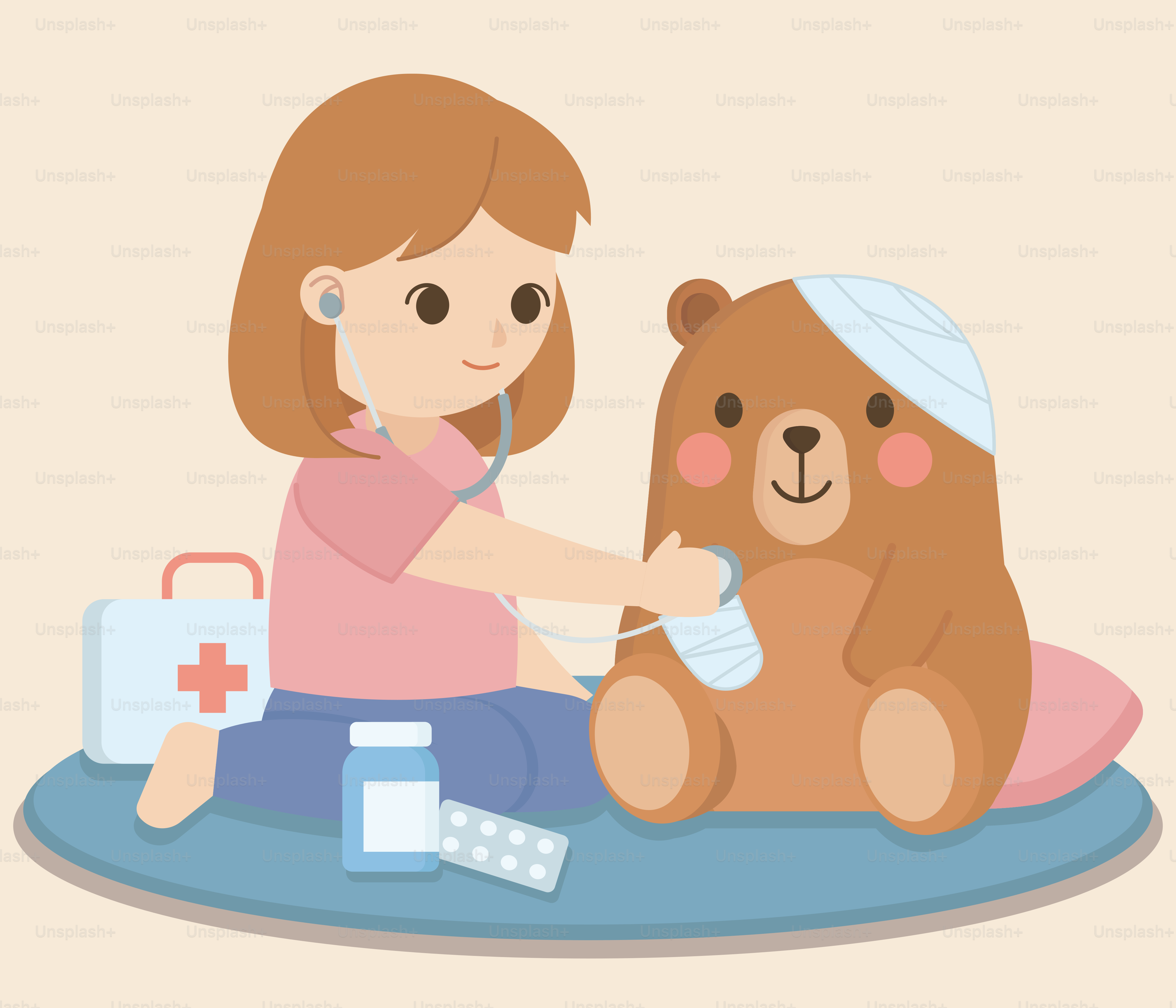 A little girl is playing with a teddy bear