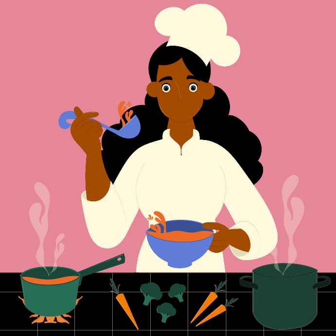 A woman cooking in a kitchen with pots and pans