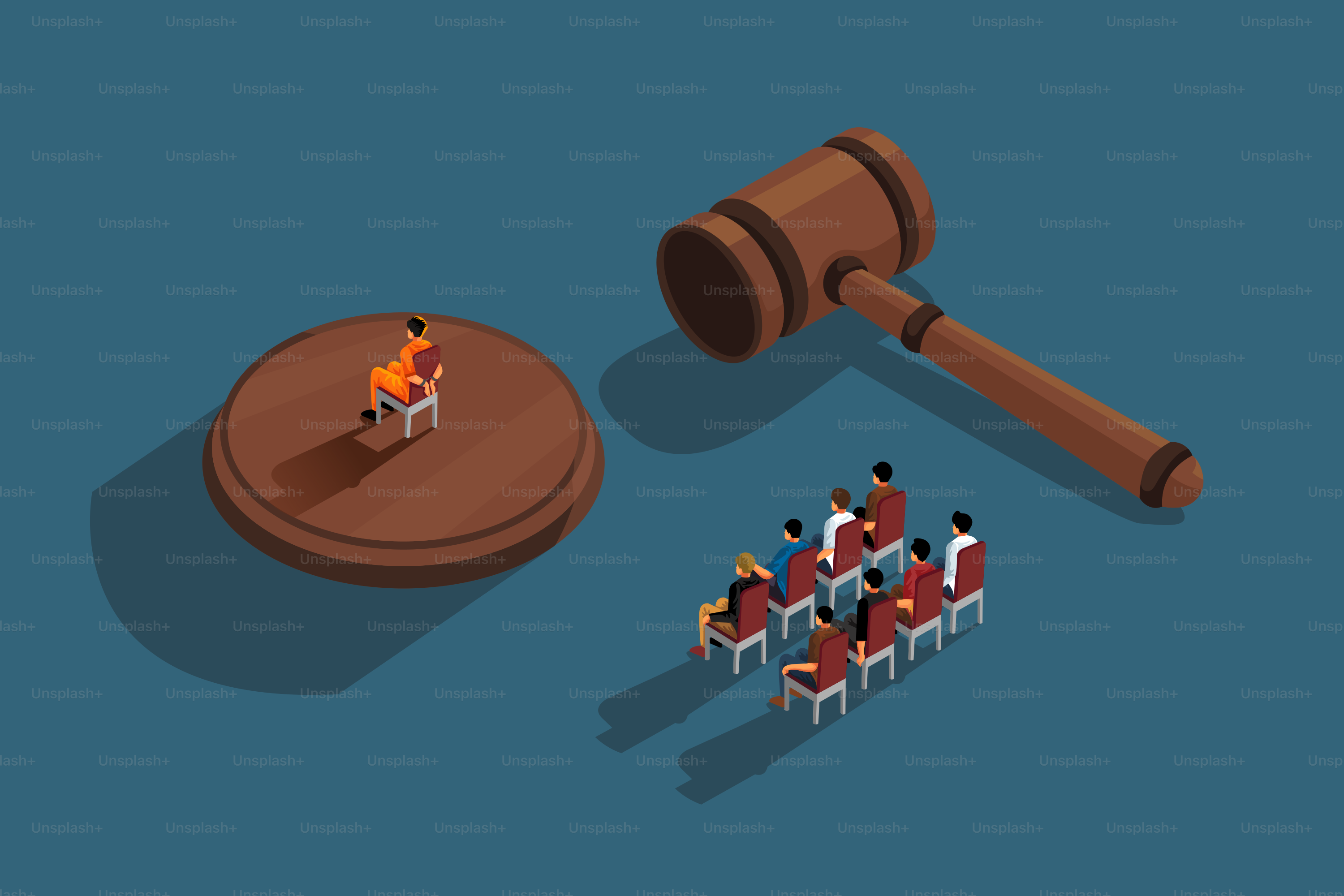 El martillo de un juez y un grupo de personas sentadas en sillas