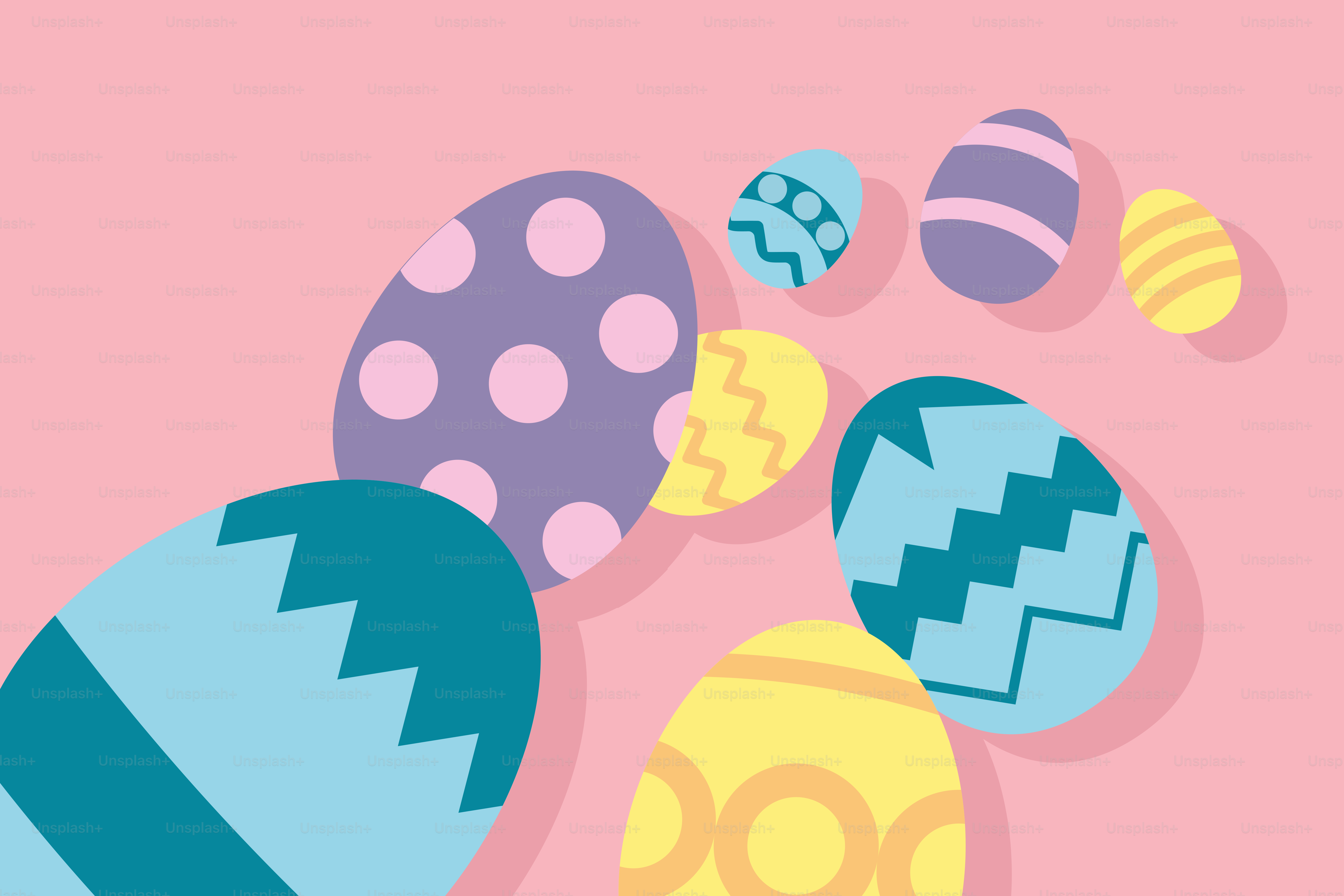 Um fundo rosa com um monte de ovos decorados