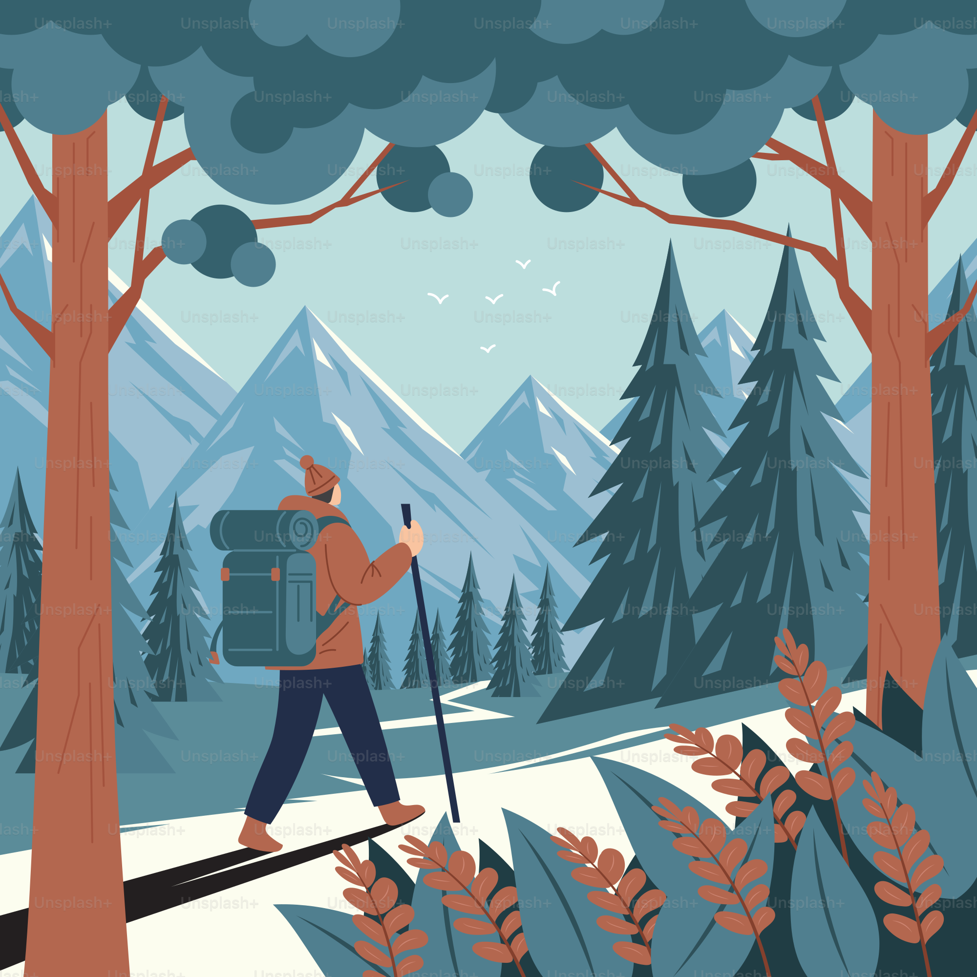 A man with a backpack is walking through the woods