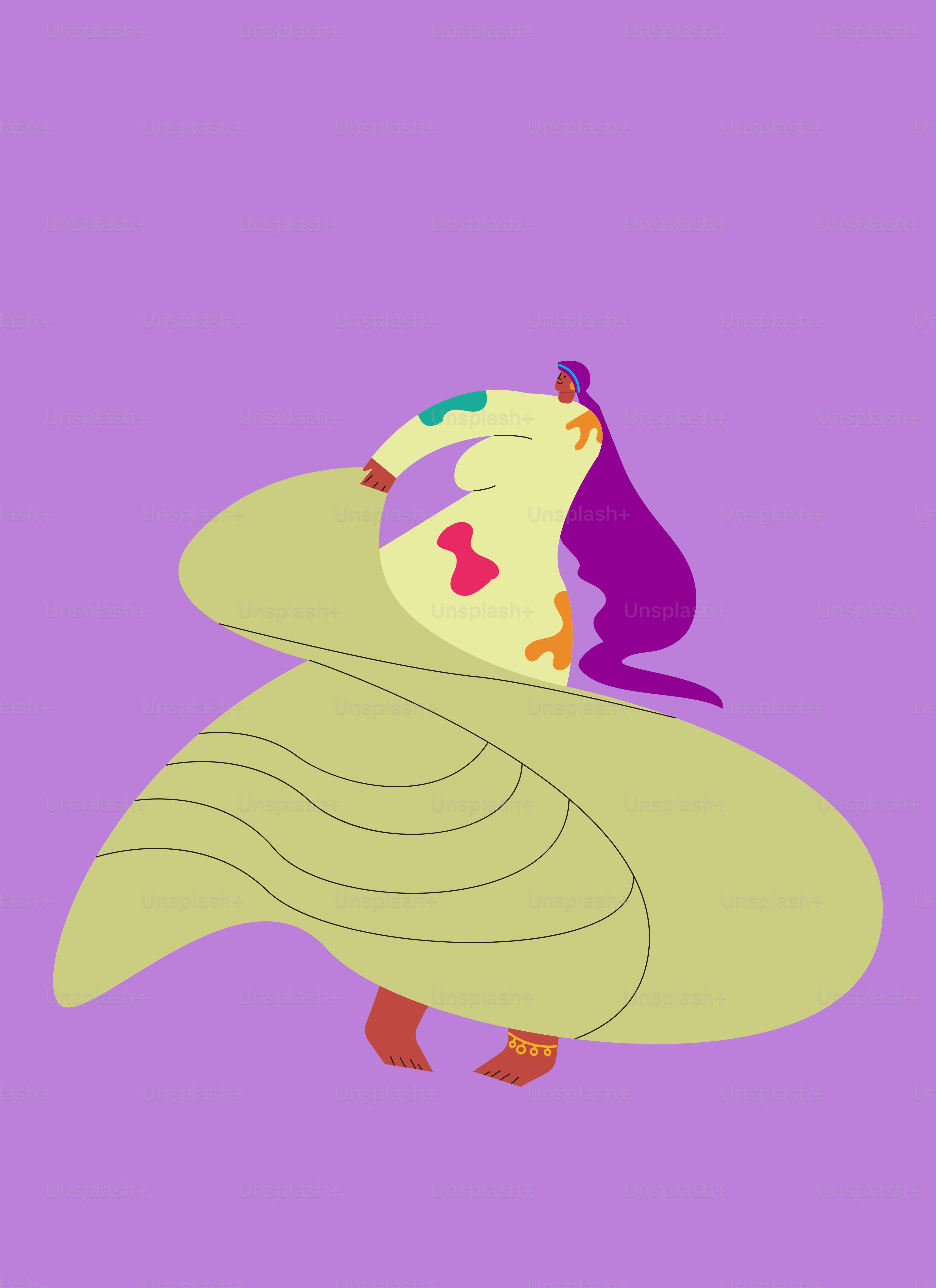 A woman in a purple dress is holding onto a large bird