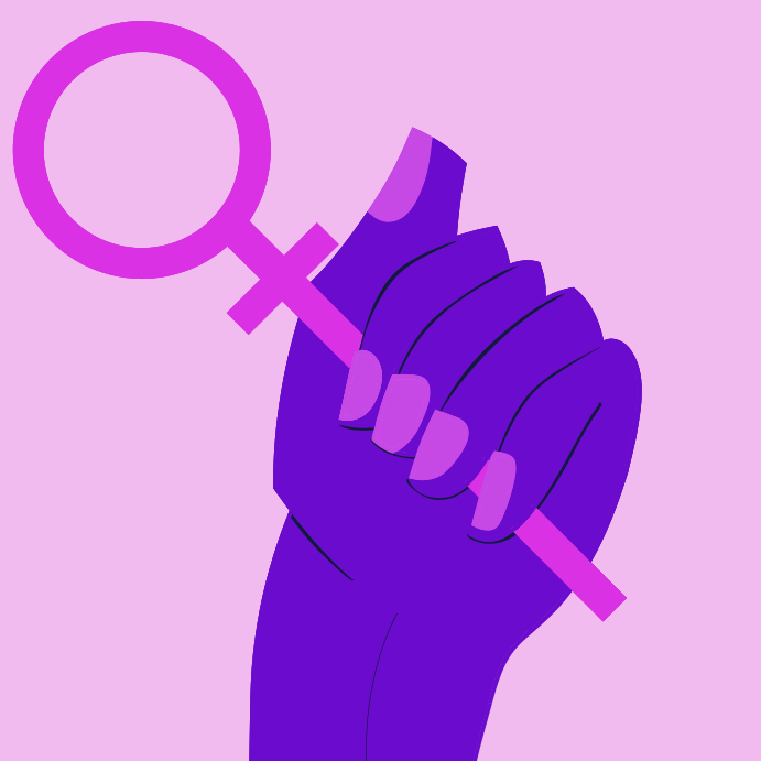 A purple hand holding a pink object with a pink background