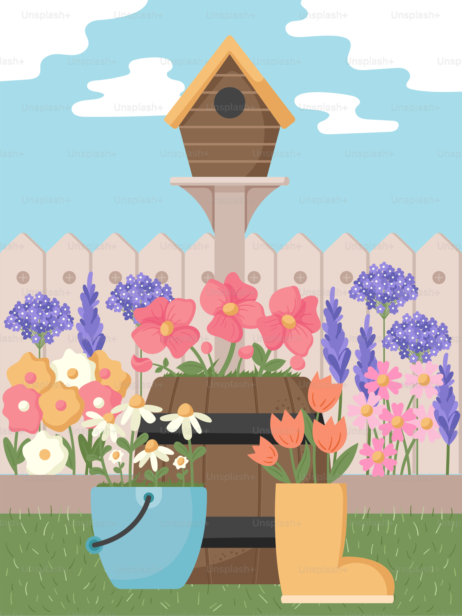 A garden with flowers and a birdhouse