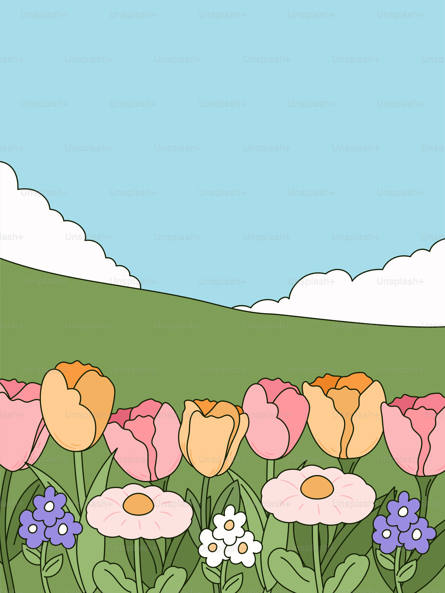 A field of flowers with a sky in the background