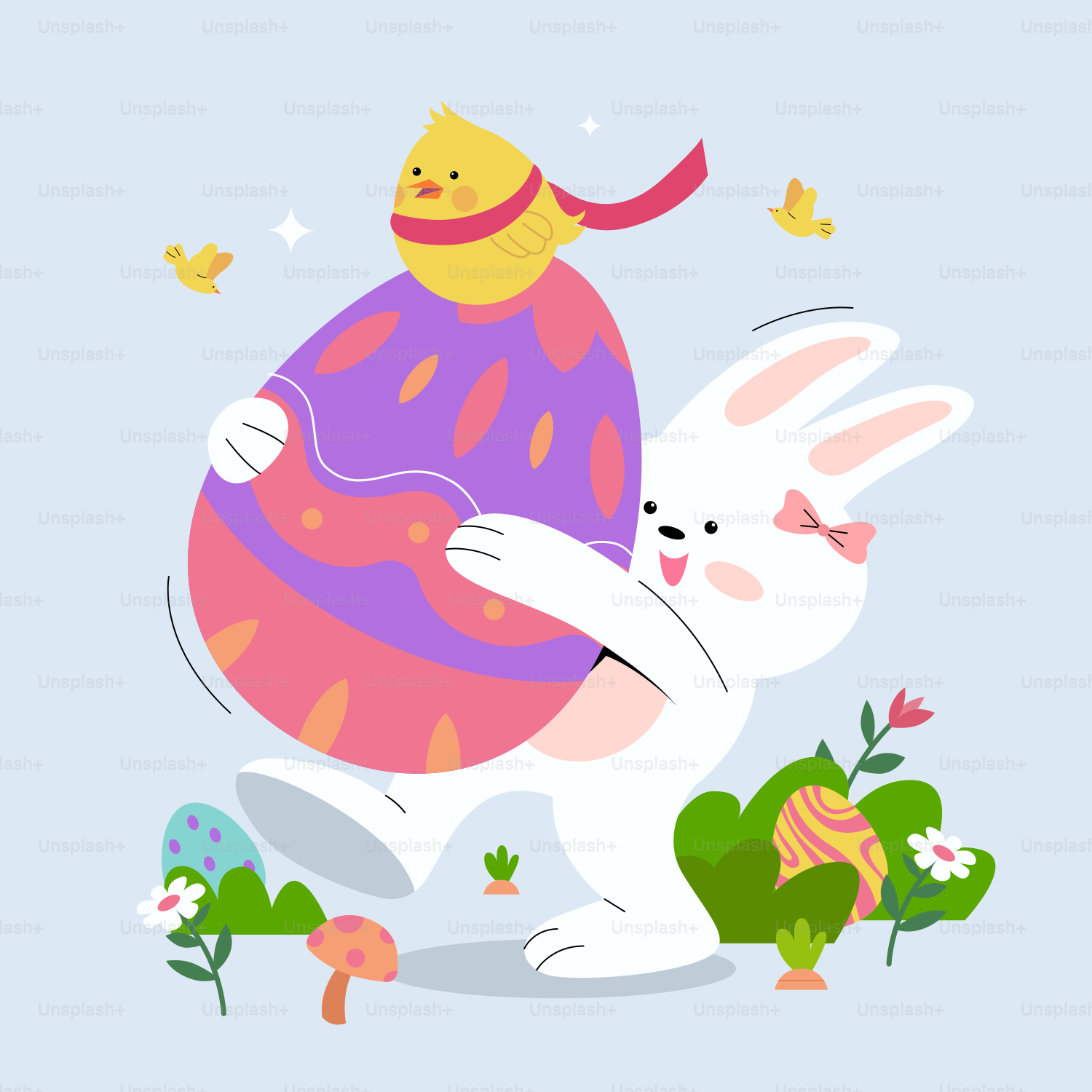 Un lapin de dessin animé portant un œuf de Pâques