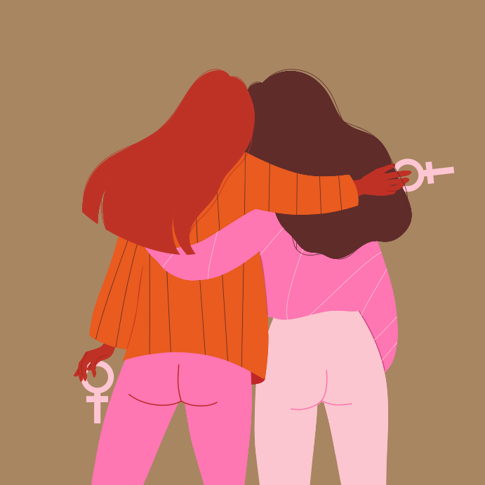 A couple of women hugging each other in front of a brown background