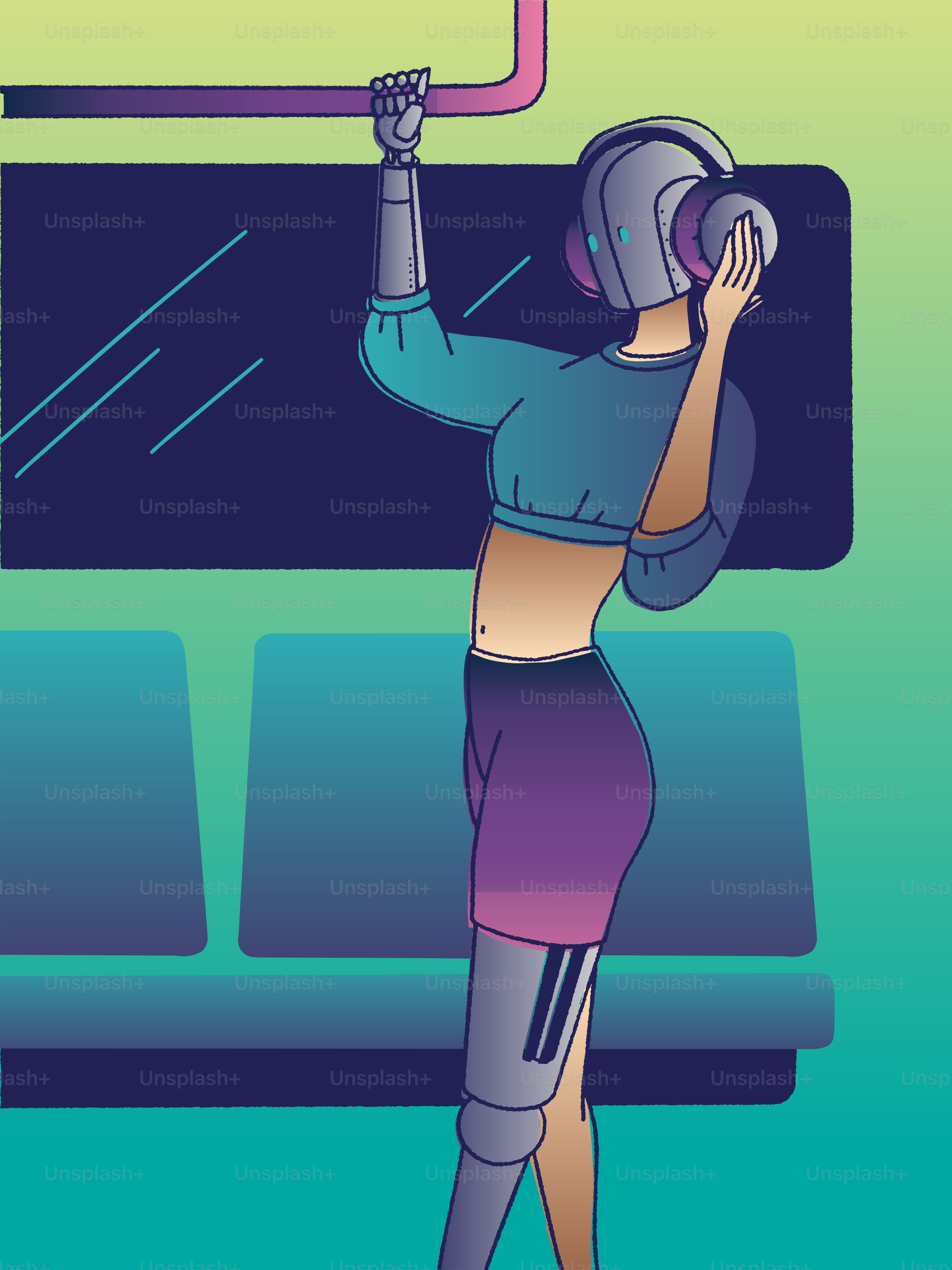 A woman with headphones is holding up a sign