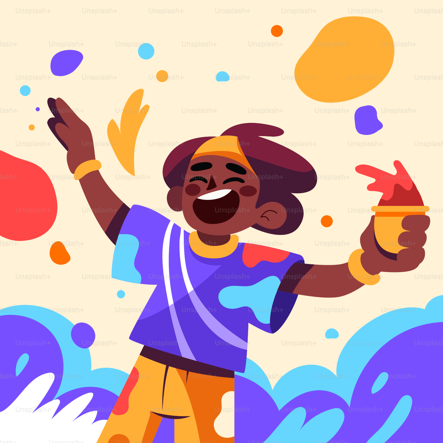 A cartoon boy is holding a cup and throwing it in the air