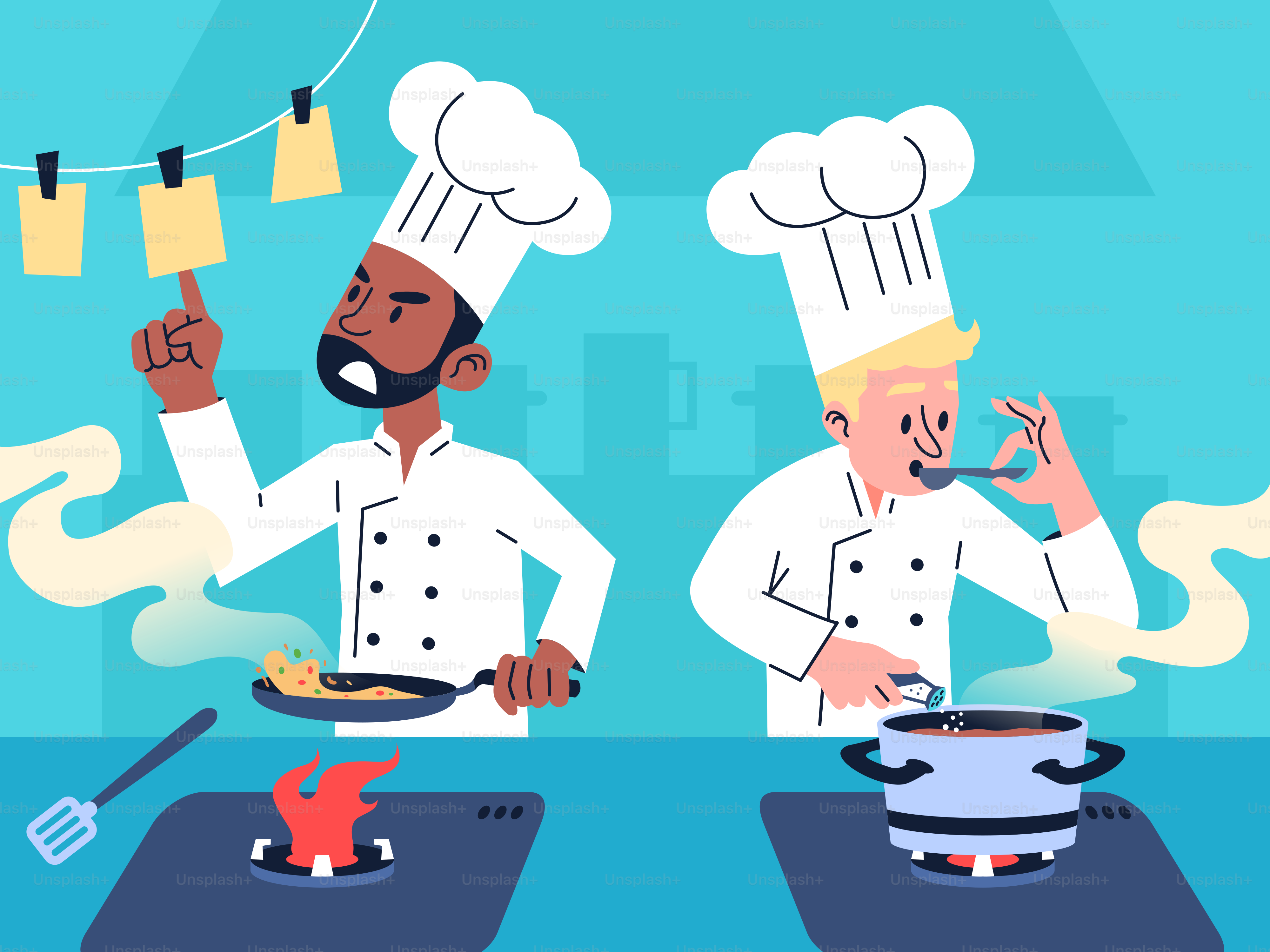 Un par de hombres parados uno al lado del otro frente a una estufa