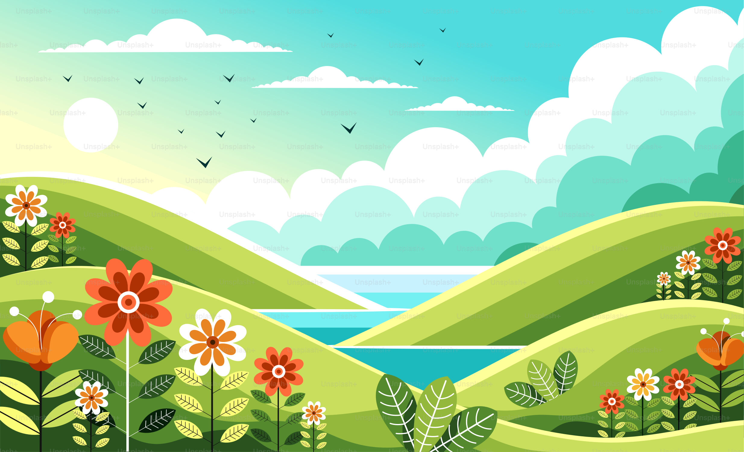 A green landscape with flowers and a lake