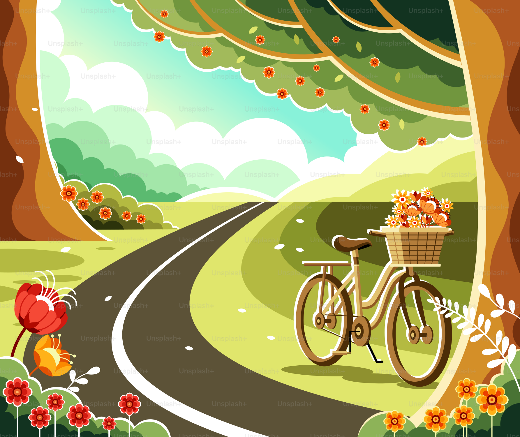 A painting of a bike with a basket of flowers on the front