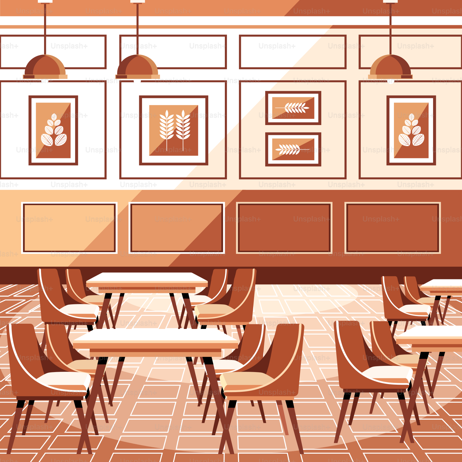 A restaurant with tables, chairs and pictures on the wall