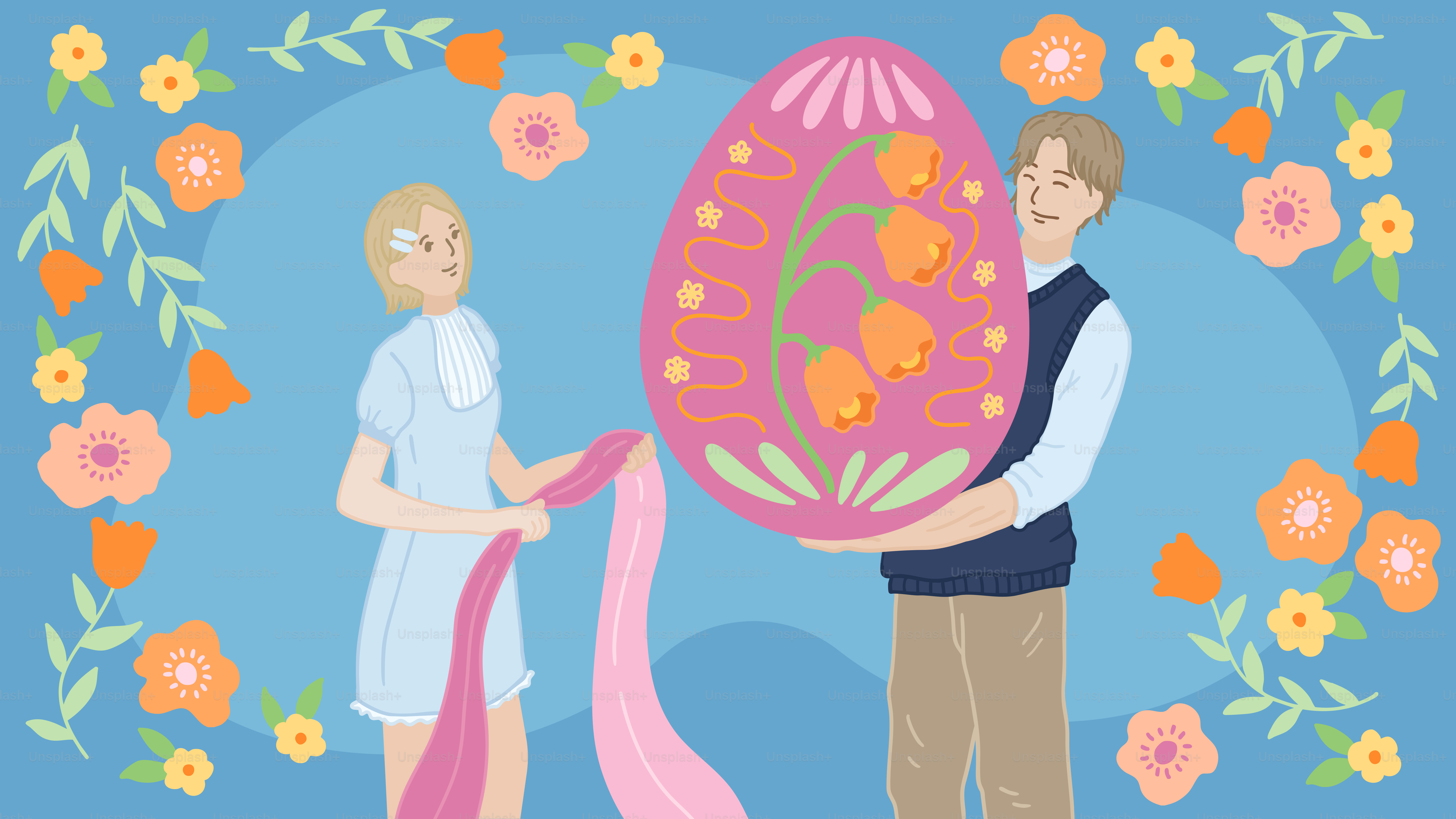 A man and a woman holding a giant easter egg