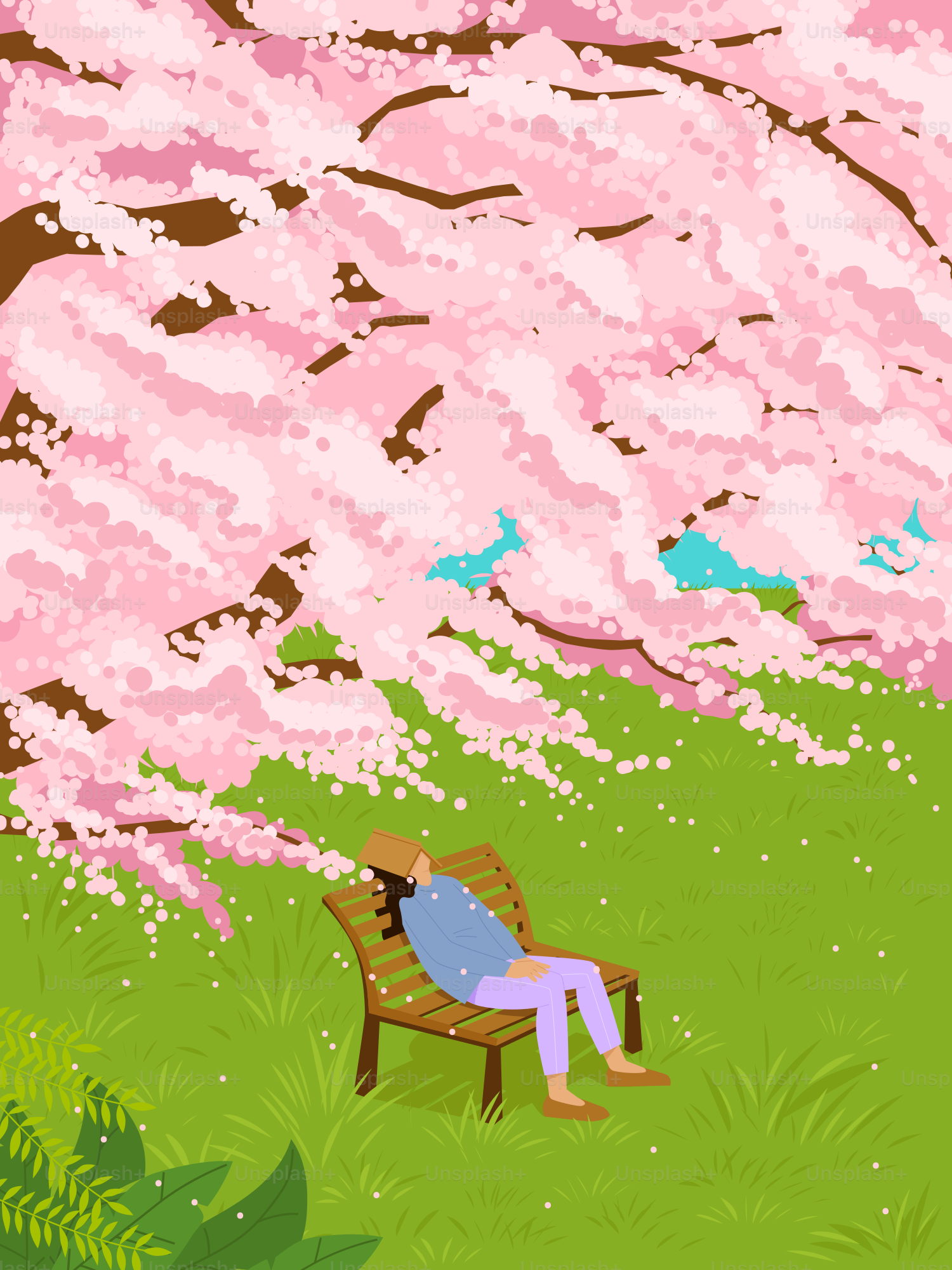 A painting of a person sitting on a bench under a tree
