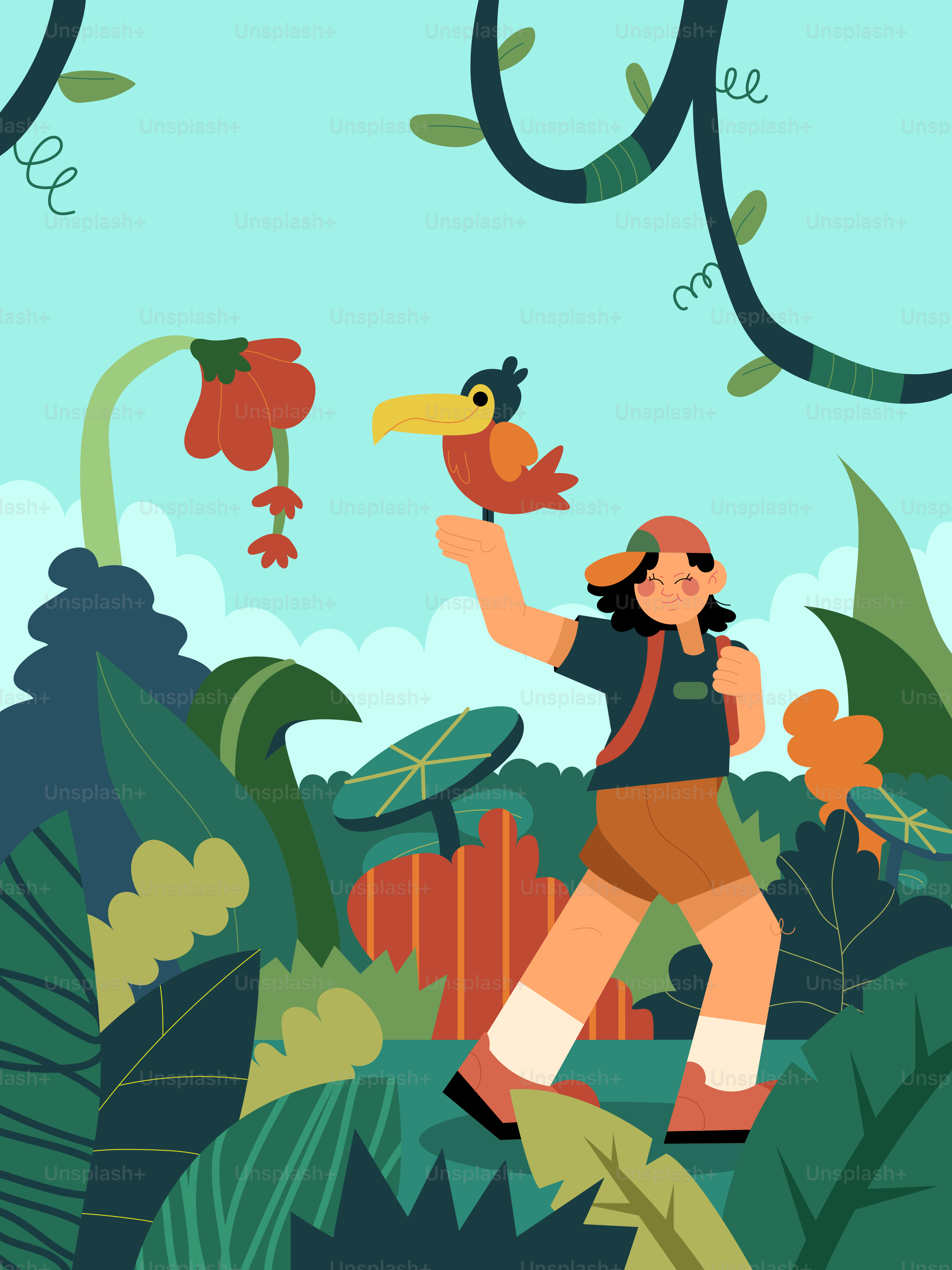 A man with a bird on his shoulder in the jungle