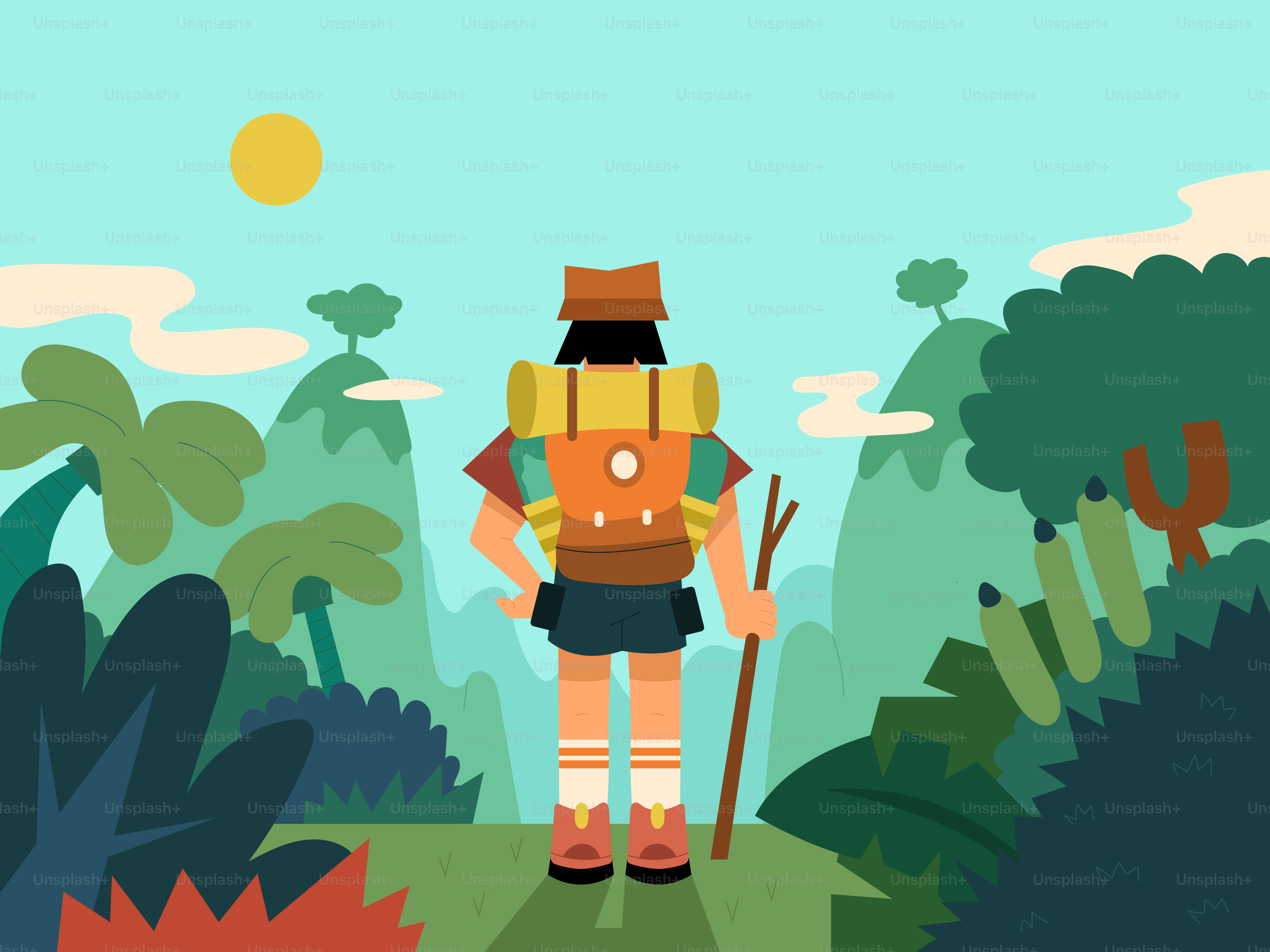 A person with a backpack and a stick in a forest