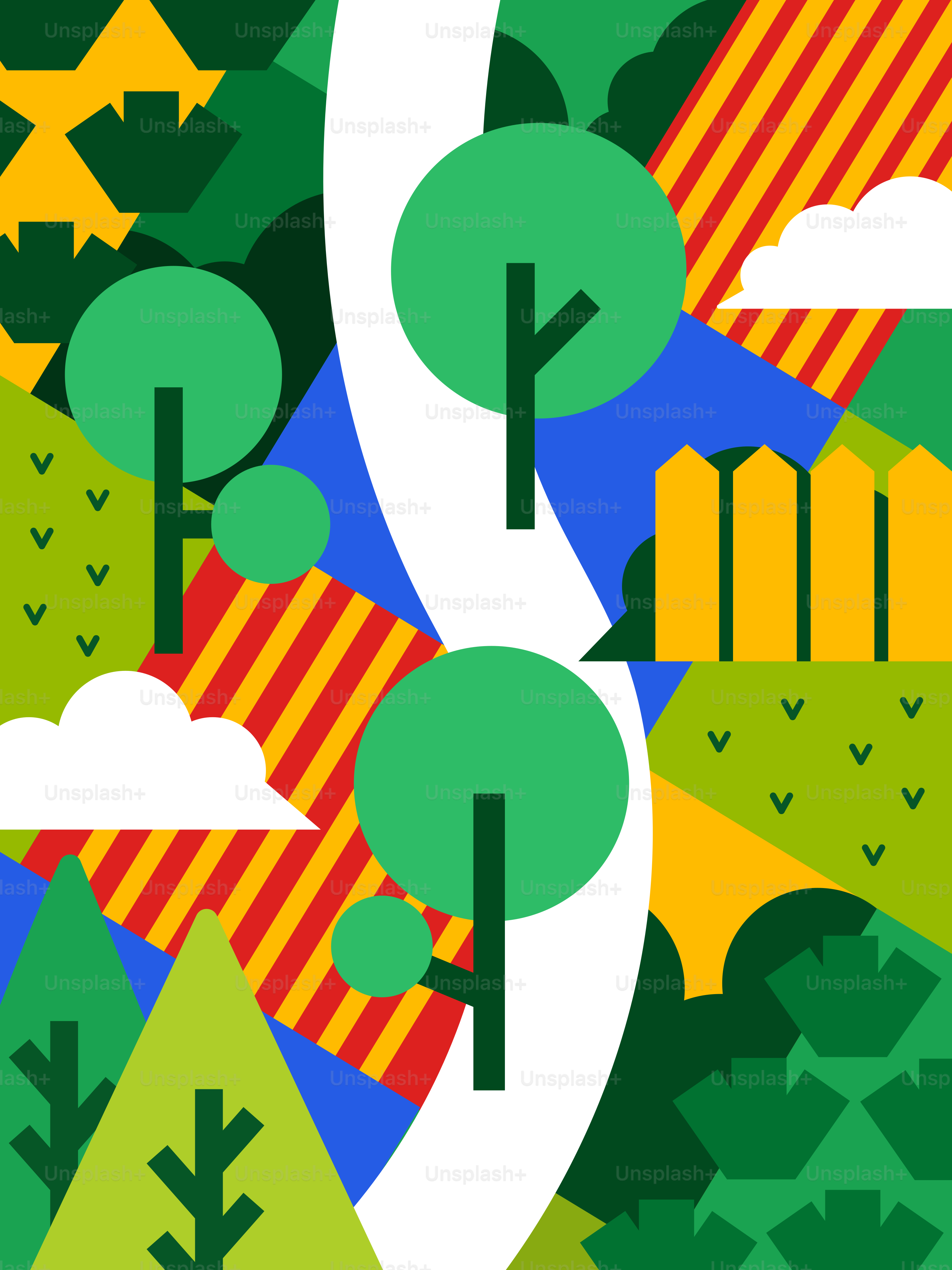 A colorful landscape with trees and hills