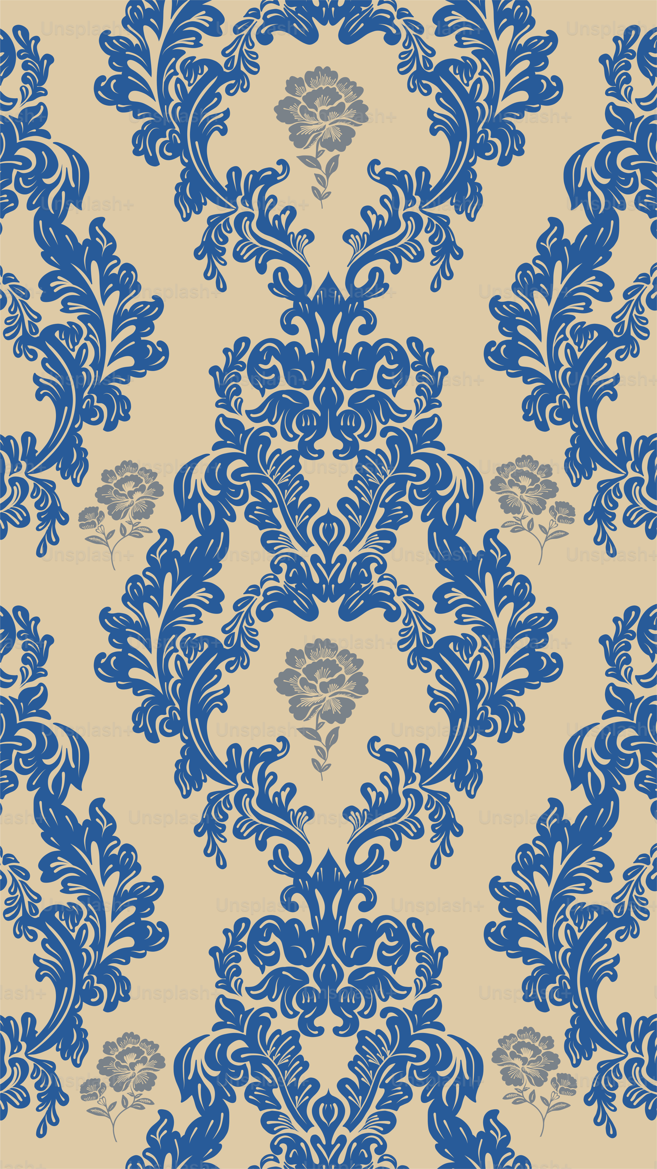 Eine blau-beige Tapete mit einem kunstvollen Design