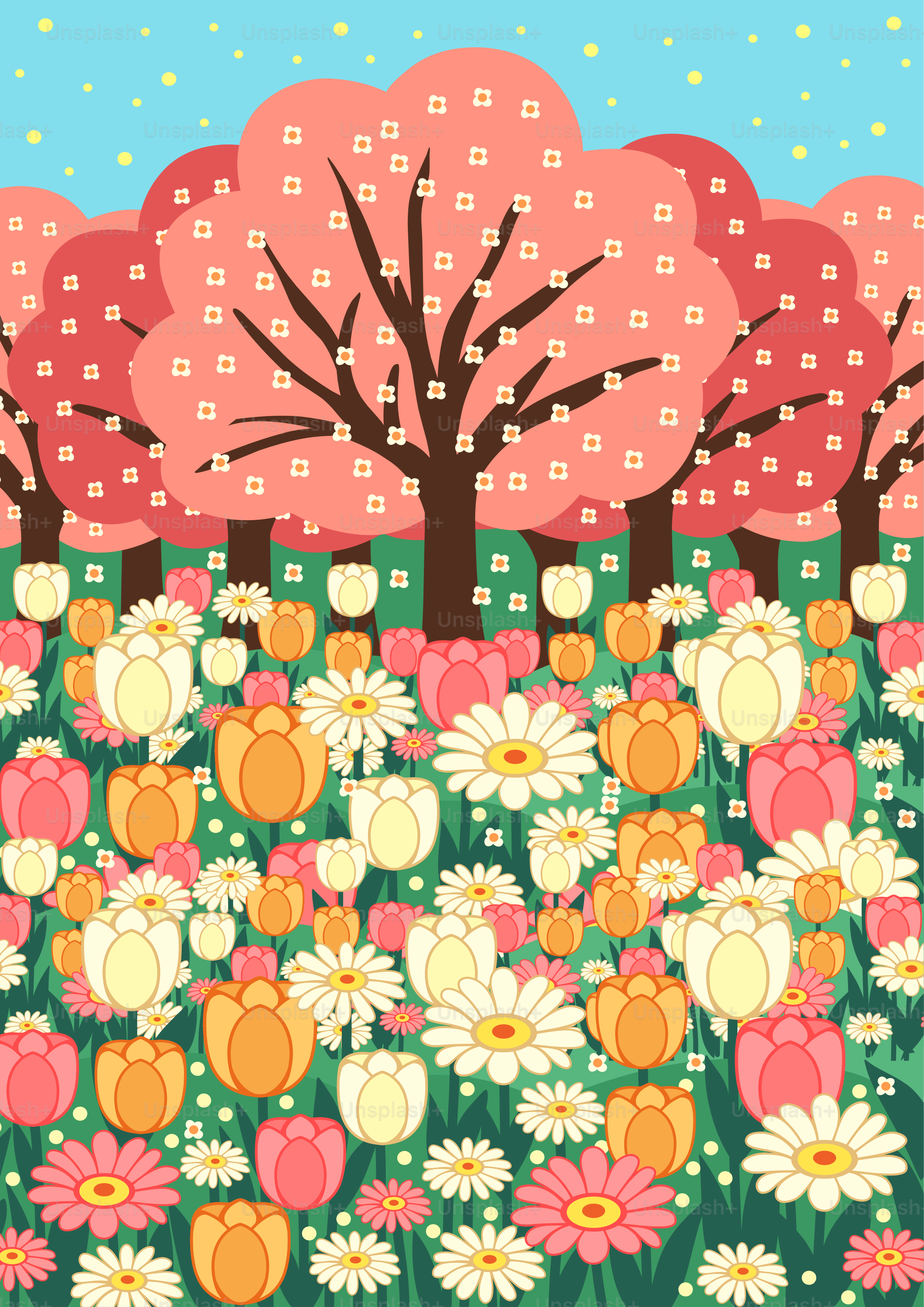 Ein Blumenfeld mit Bäumen im Hintergrund